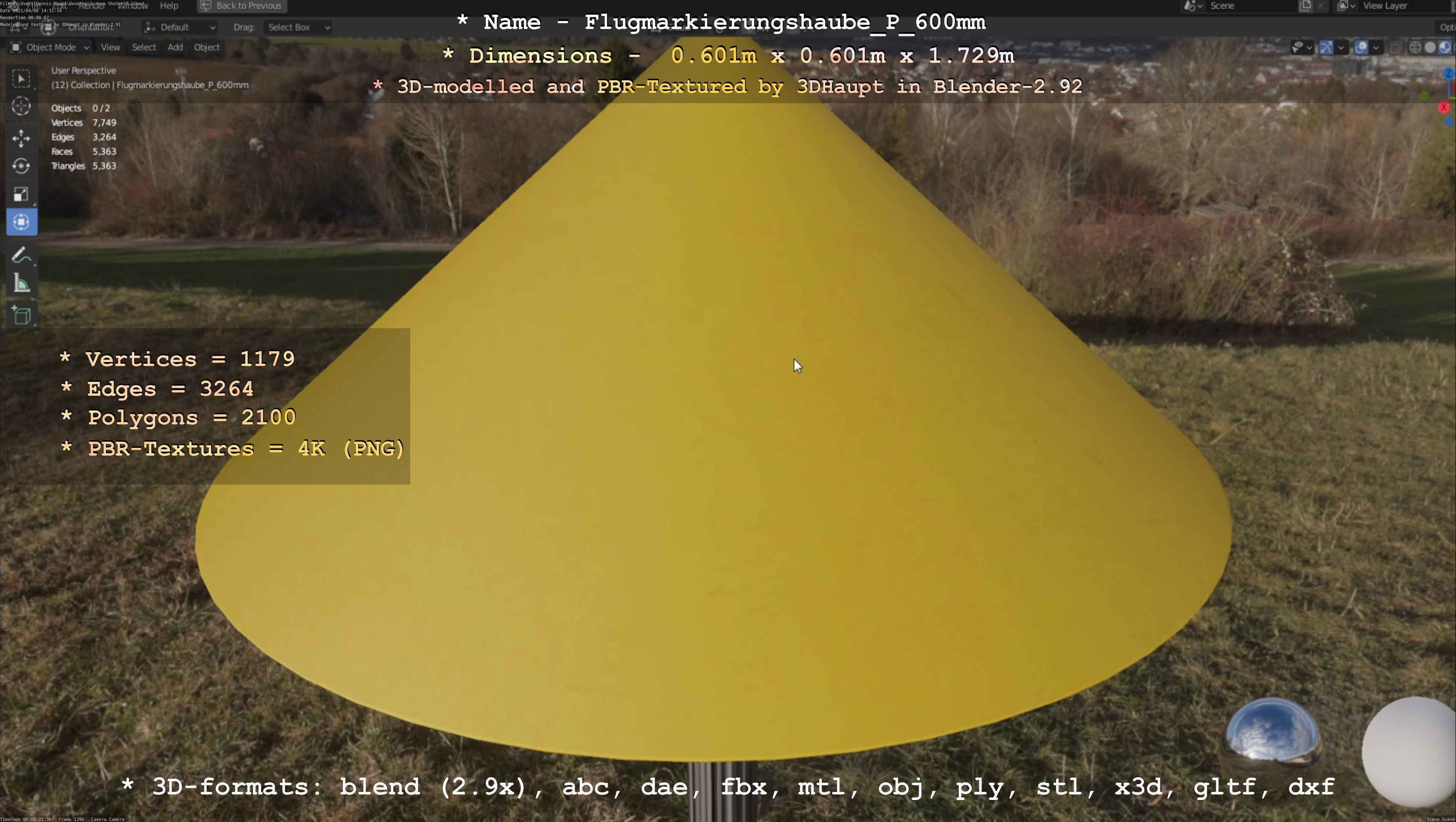 Flugmarkierungshaube mit Aluminiumpfosten  600mm Low-poly 3D model_21