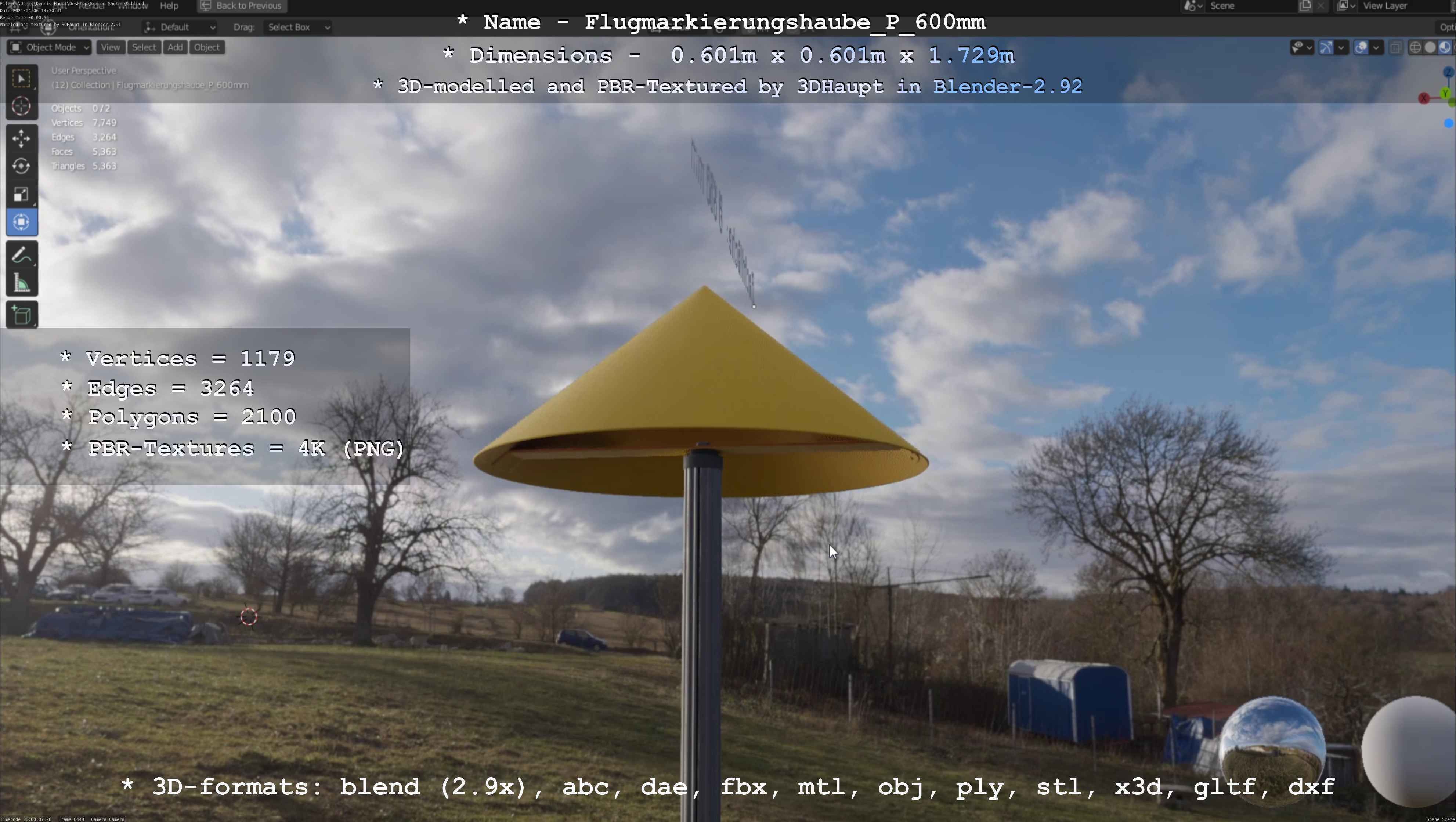 Flugmarkierungshaube mit Aluminiumpfosten  600mm Low-poly 3D model_10