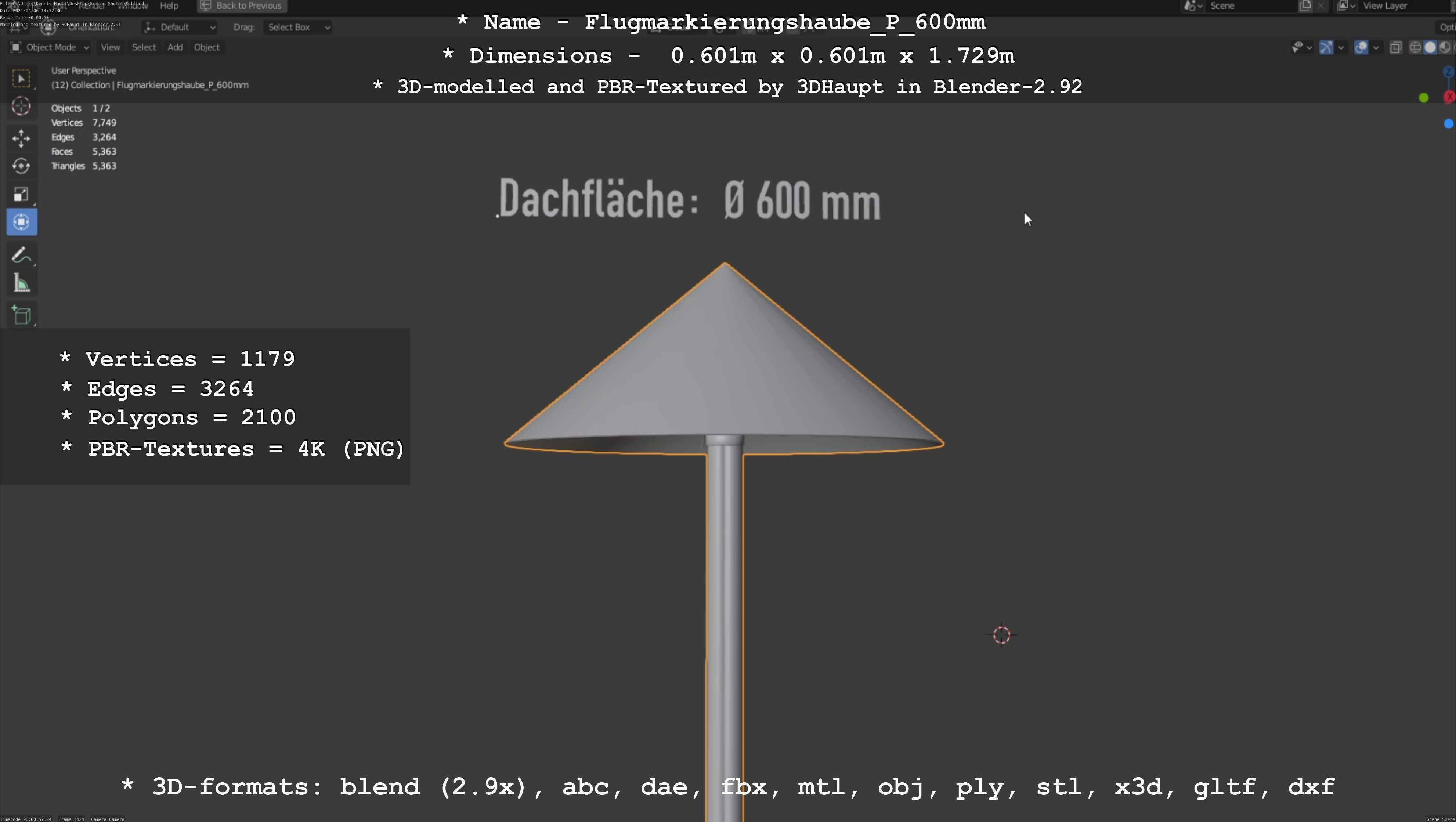 Flugmarkierungshaube mit Aluminiumpfosten  600mm Low-poly 3D model_31