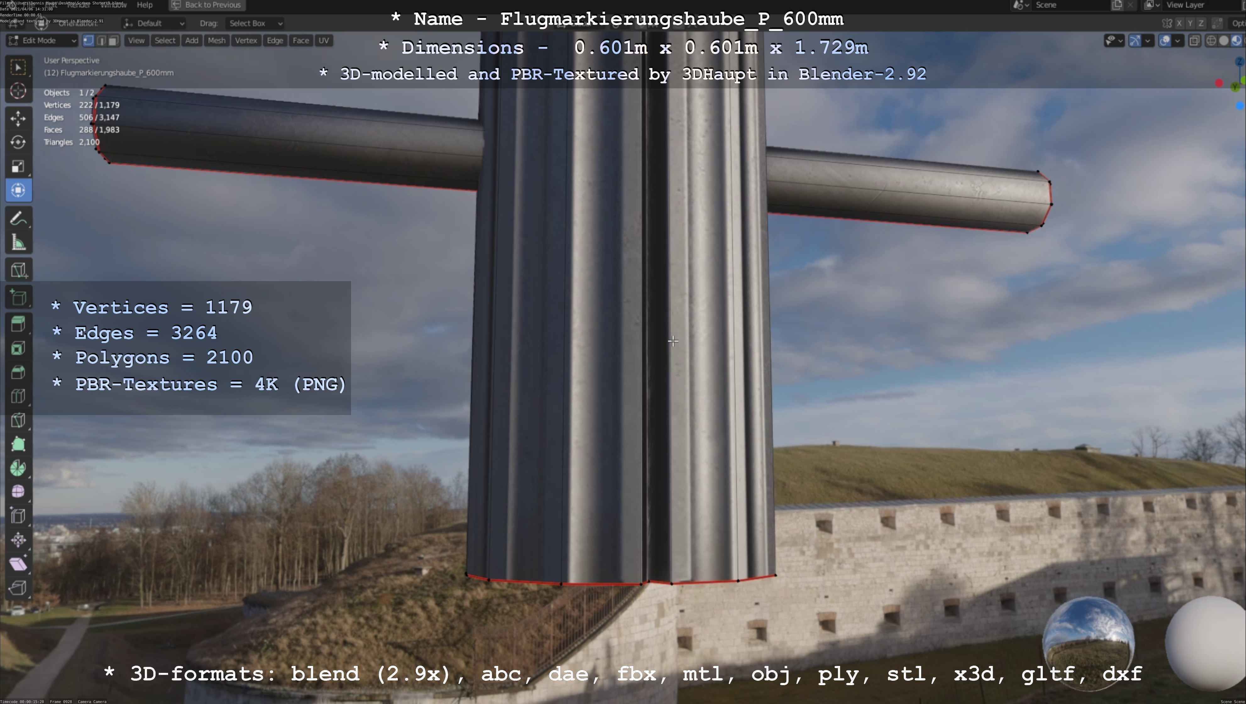 Flugmarkierungshaube mit Aluminiumpfosten  600mm Low-poly 3D model_124