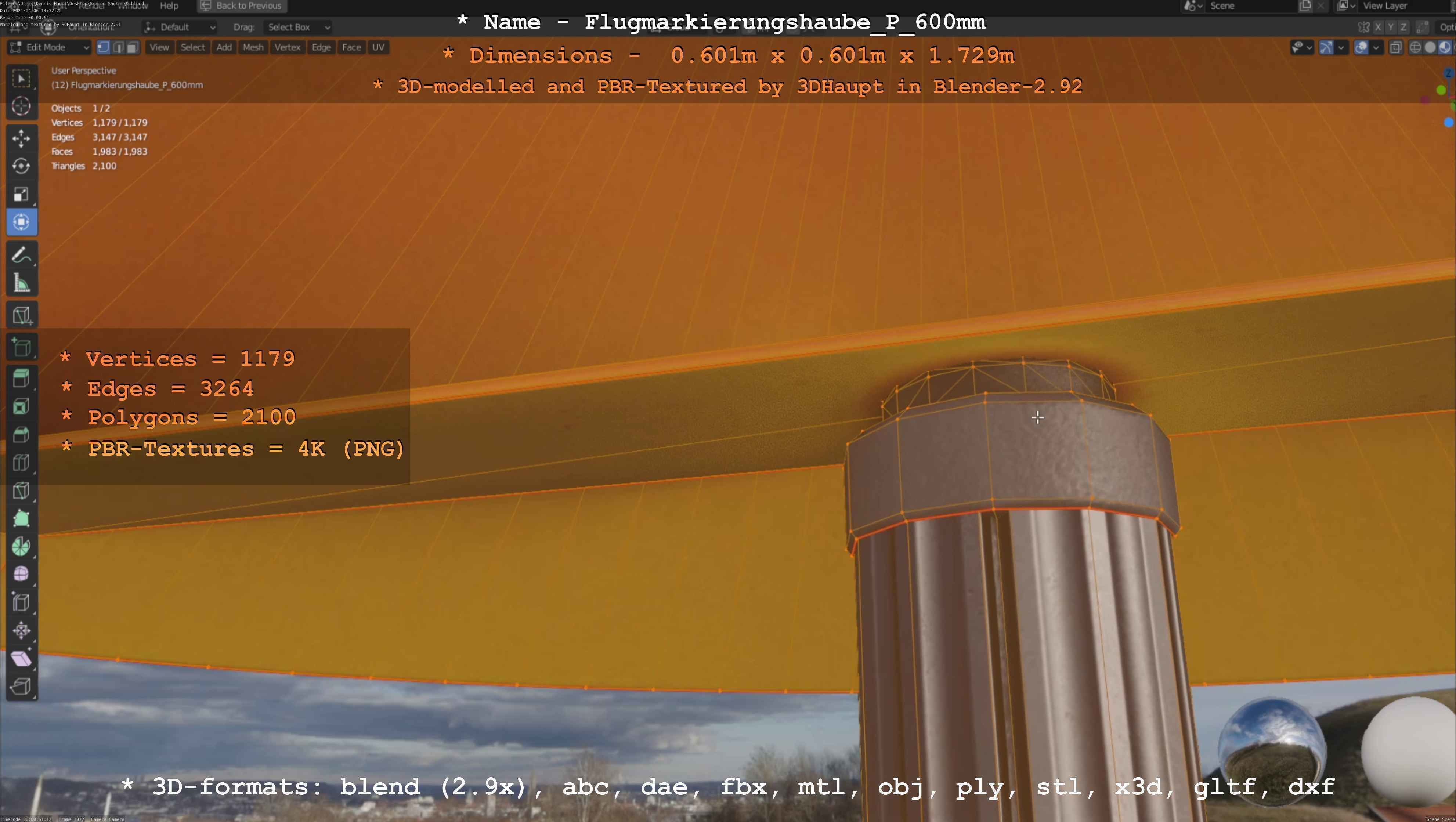 Flugmarkierungshaube mit Aluminiumpfosten  600mm Low-poly 3D model_72