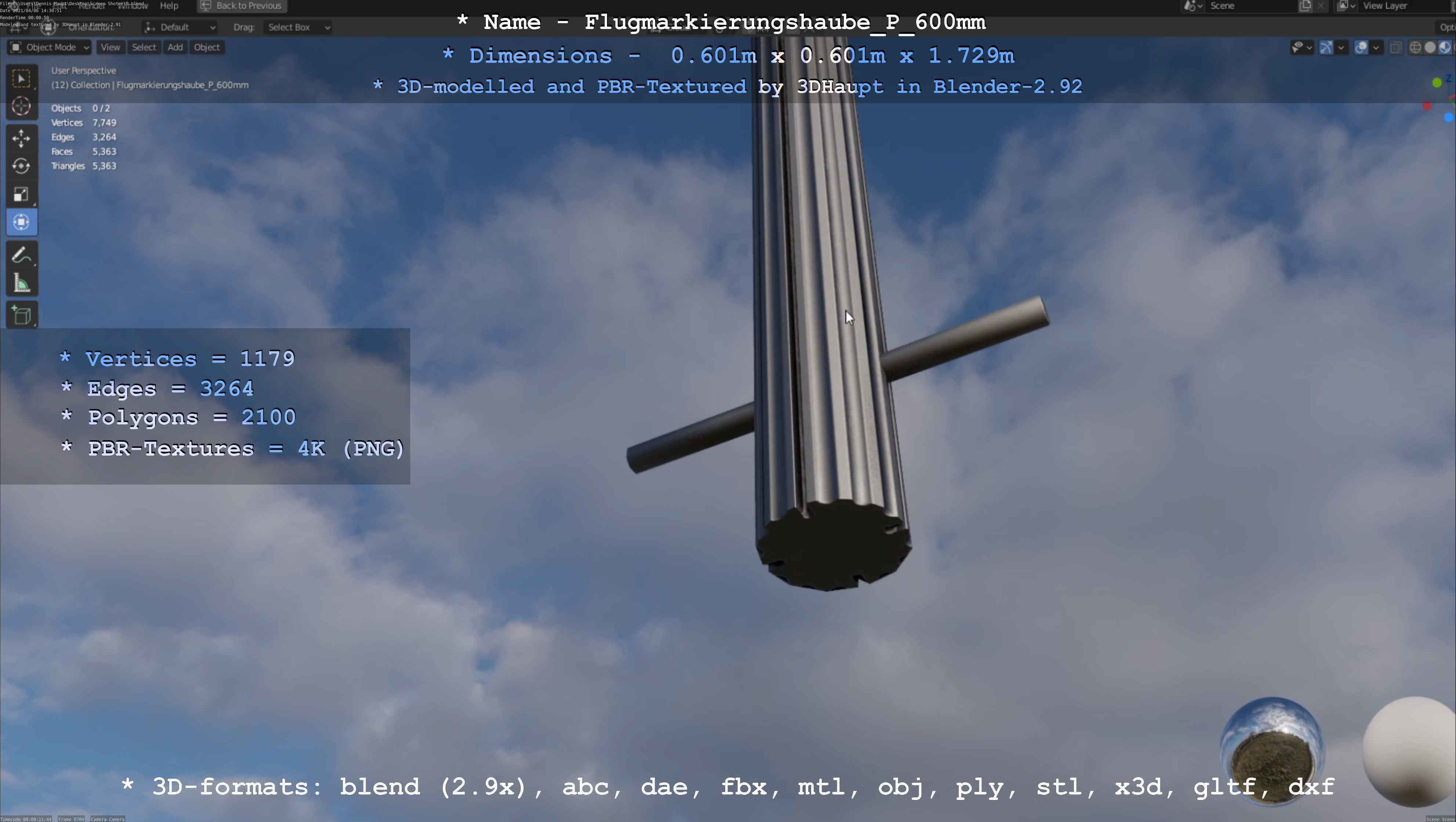 Flugmarkierungshaube mit Aluminiumpfosten  600mm Low-poly 3D model_130