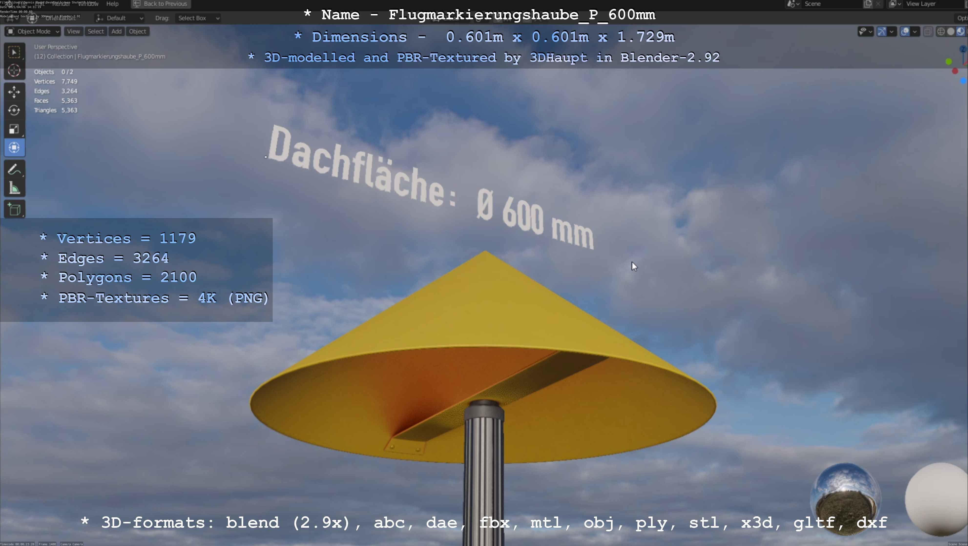 Flugmarkierungshaube mit Aluminiumpfosten  600mm Low-poly 3D model_46