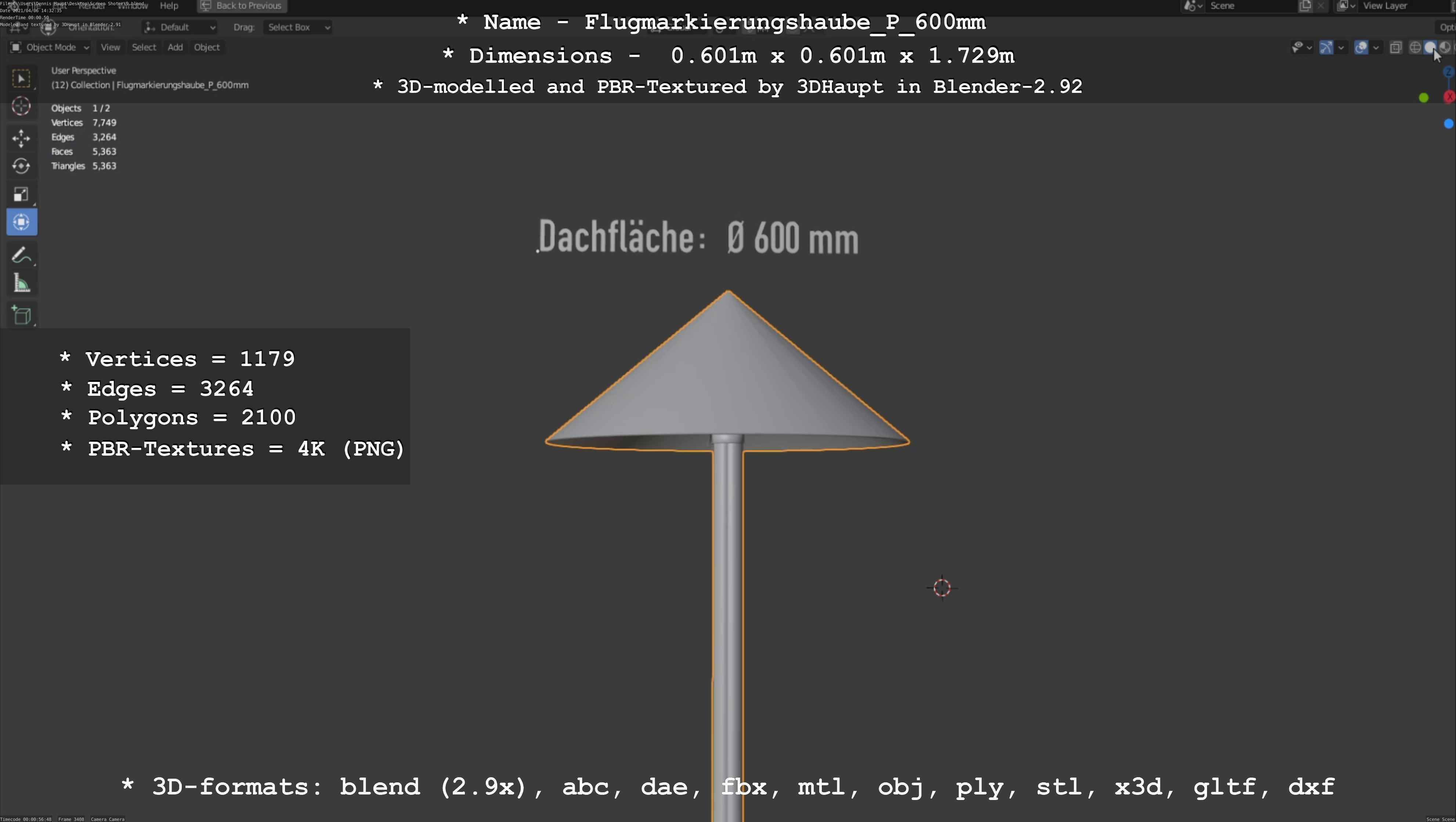 Flugmarkierungshaube mit Aluminiumpfosten  600mm Low-poly 3D model_79