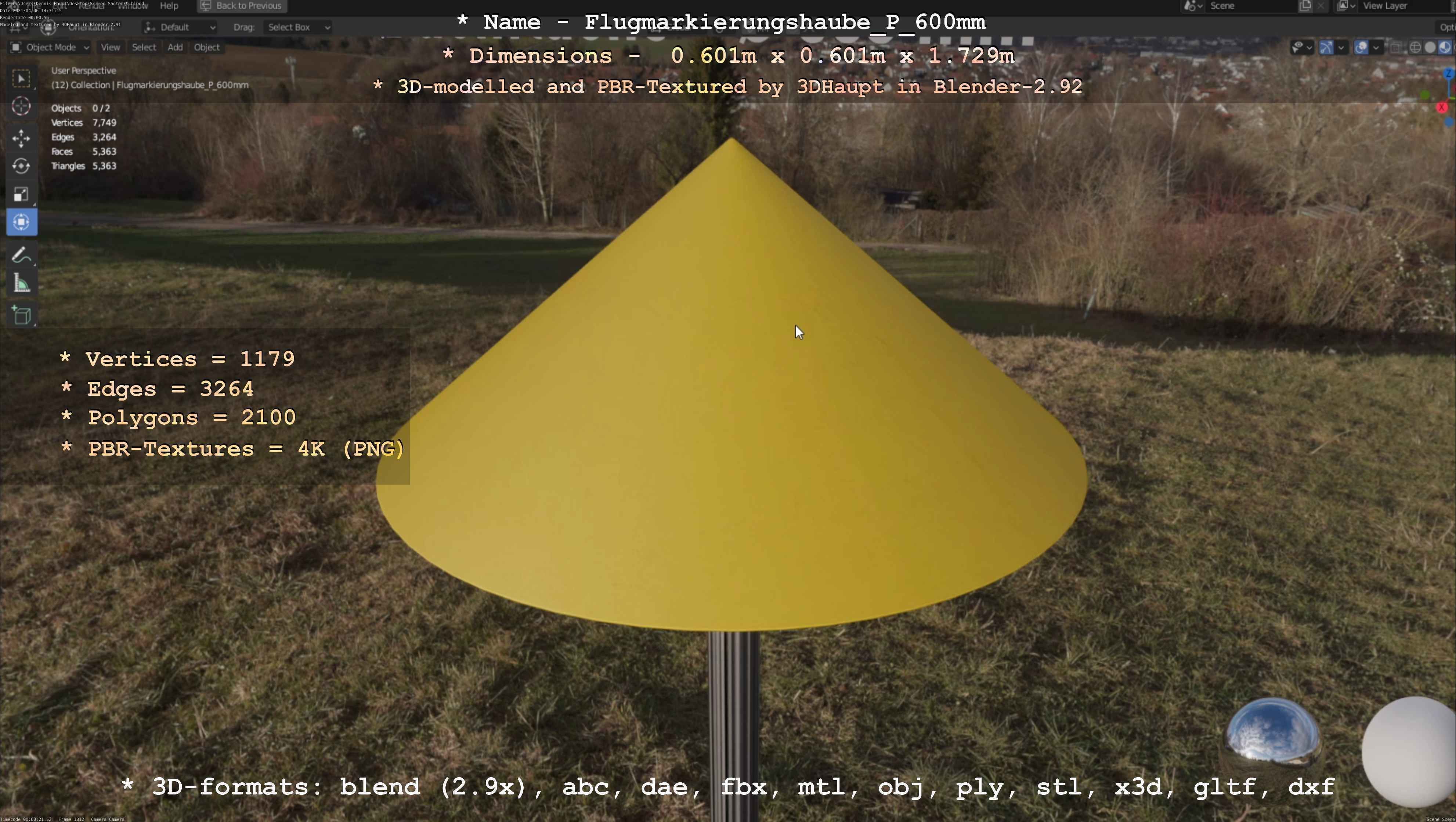 Flugmarkierungshaube mit Aluminiumpfosten  600mm Low-poly 3D model_136