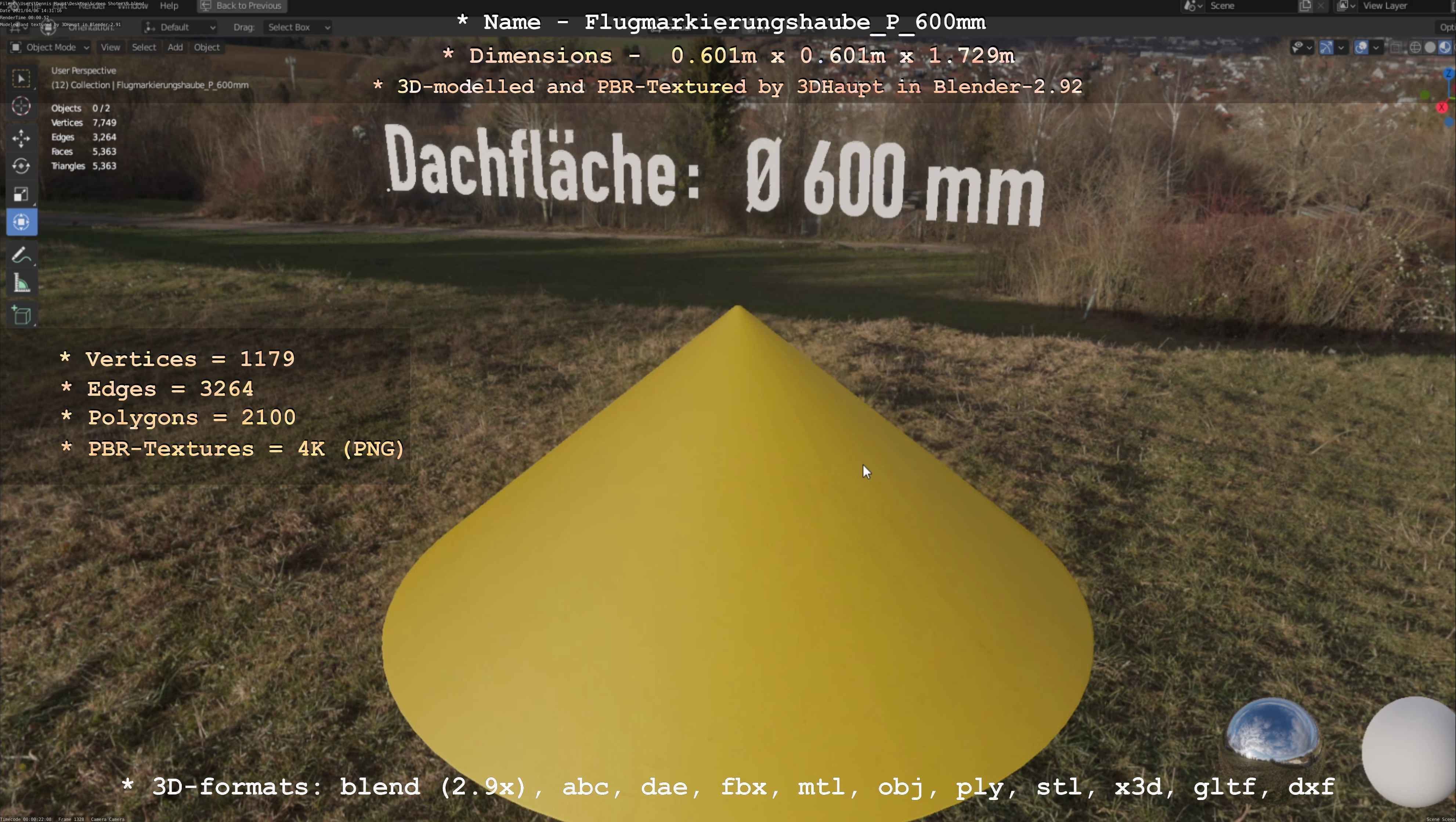 Flugmarkierungshaube mit Aluminiumpfosten  600mm Low-poly 3D model_22