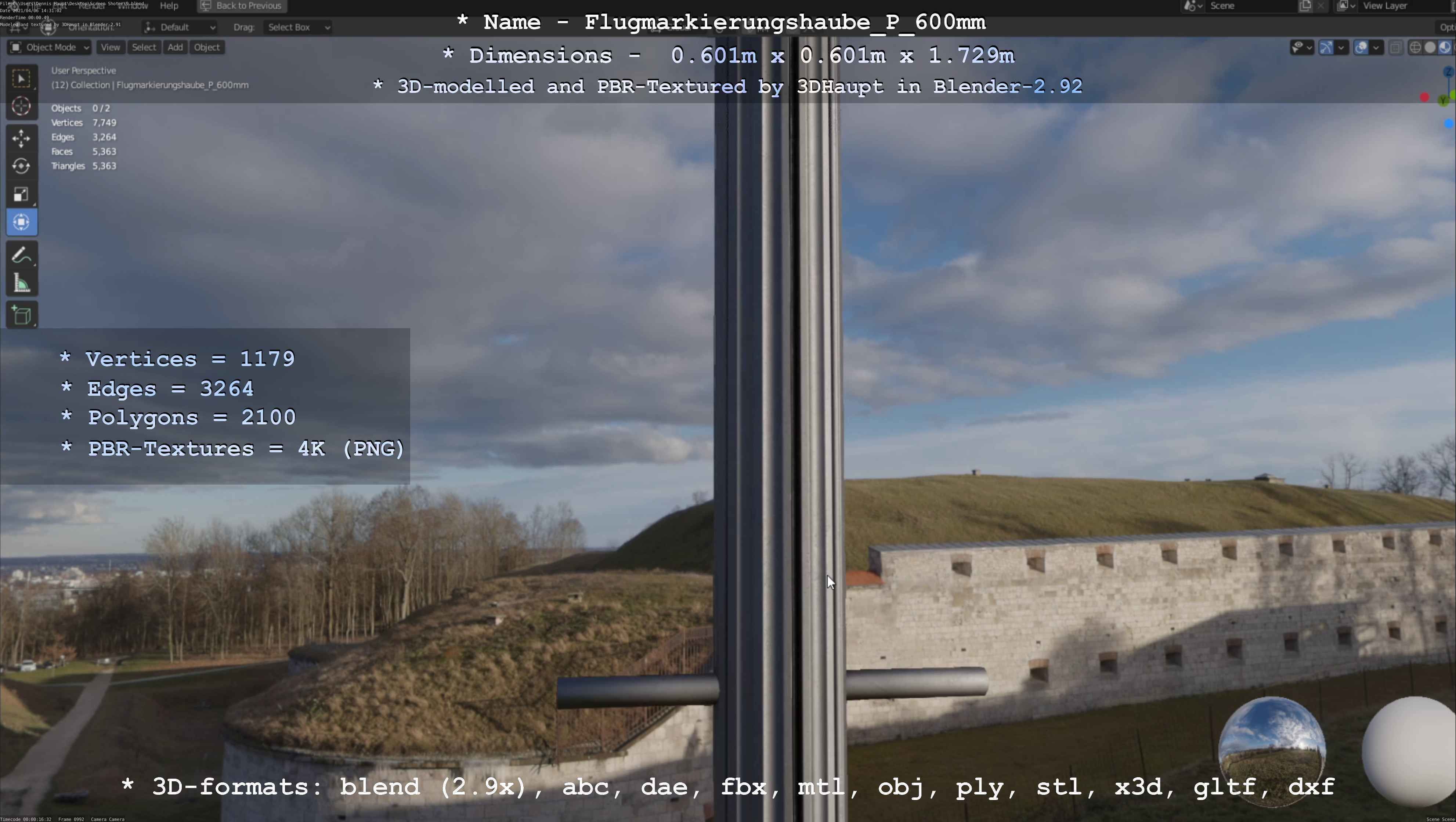 Flugmarkierungshaube mit Aluminiumpfosten  600mm Low-poly 3D model_133