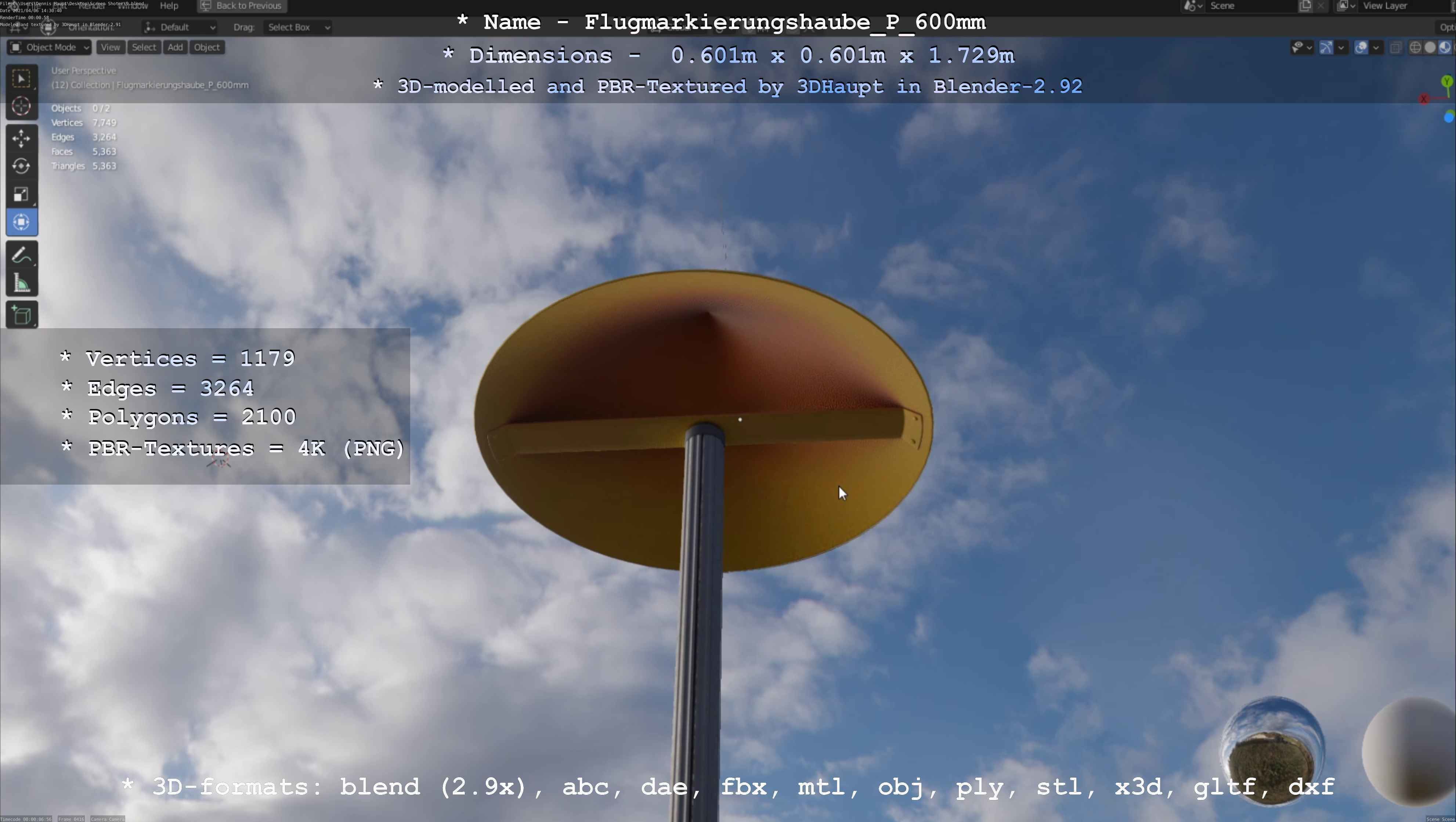 Flugmarkierungshaube mit Aluminiumpfosten  600mm Low-poly 3D model_9