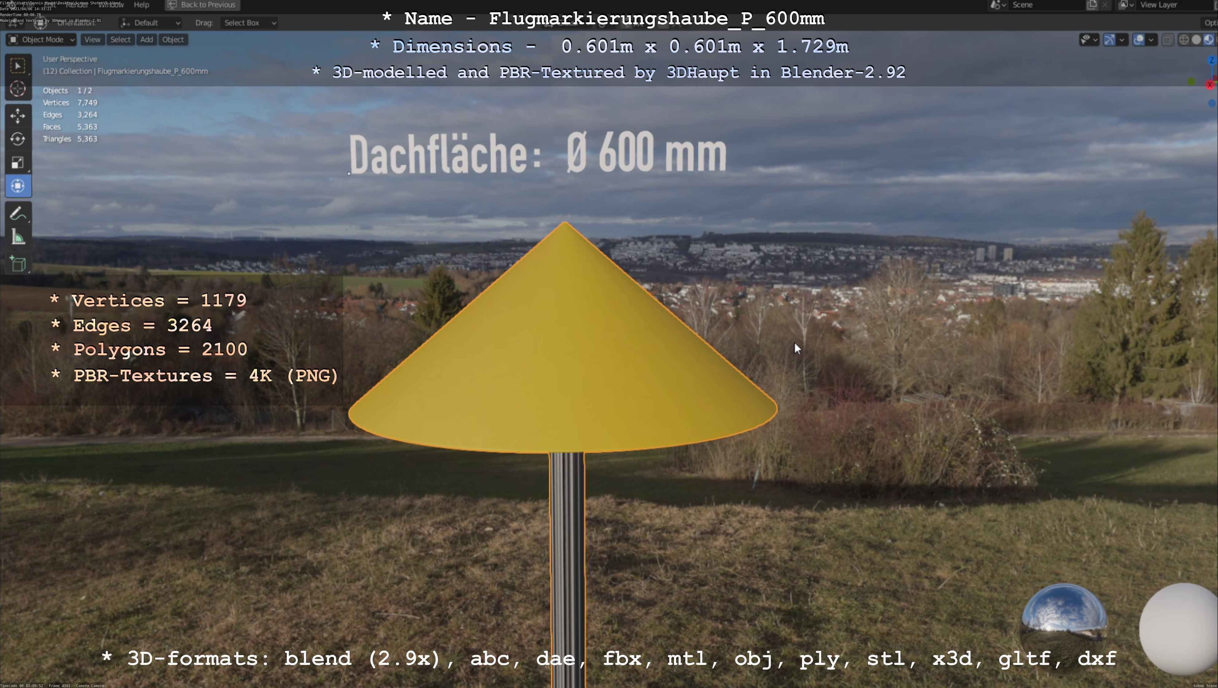 Flugmarkierungshaube mit Aluminiumpfosten  600mm Low-poly 3D model_118