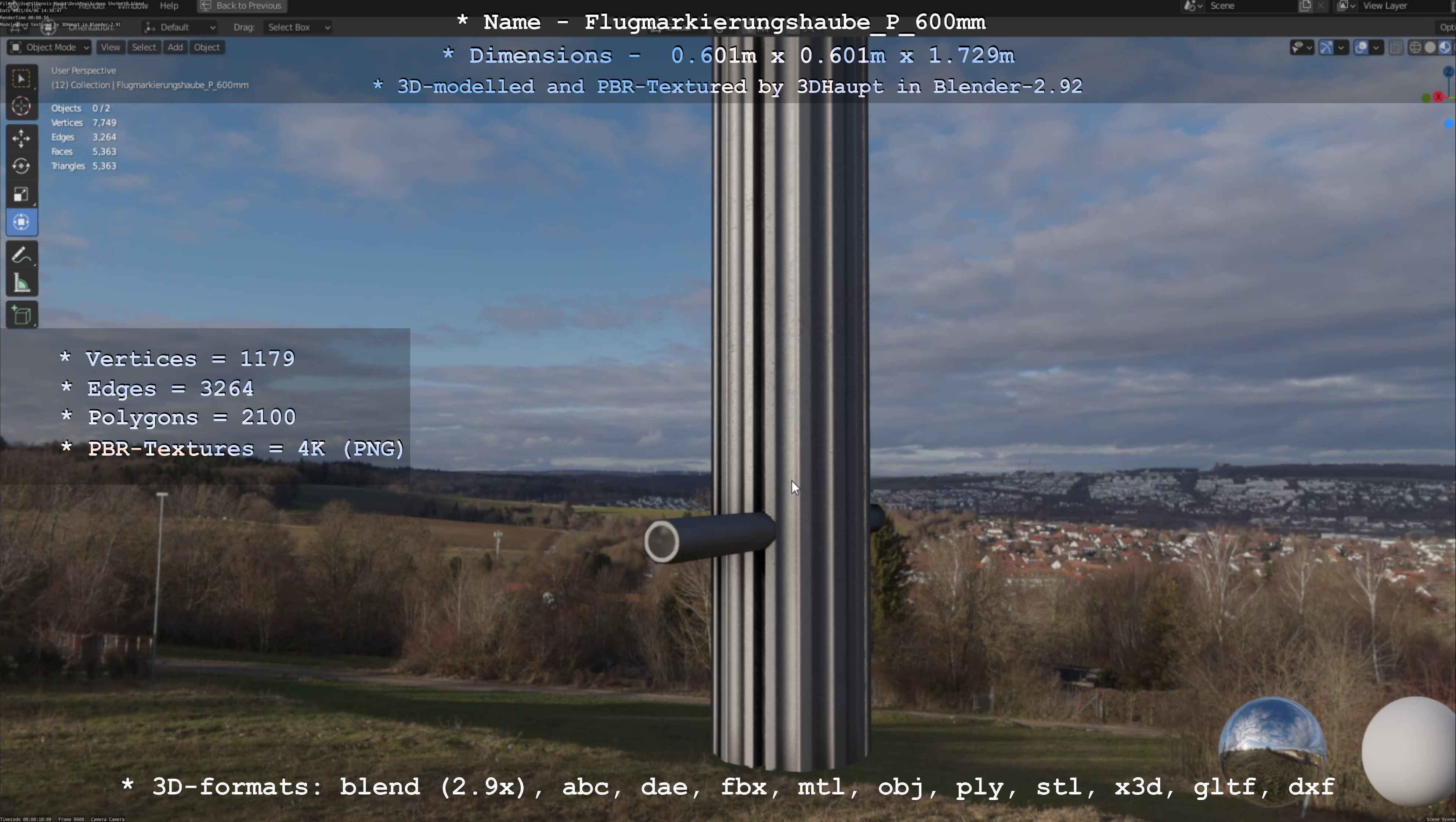 Flugmarkierungshaube mit Aluminiumpfosten  600mm Low-poly 3D model_120