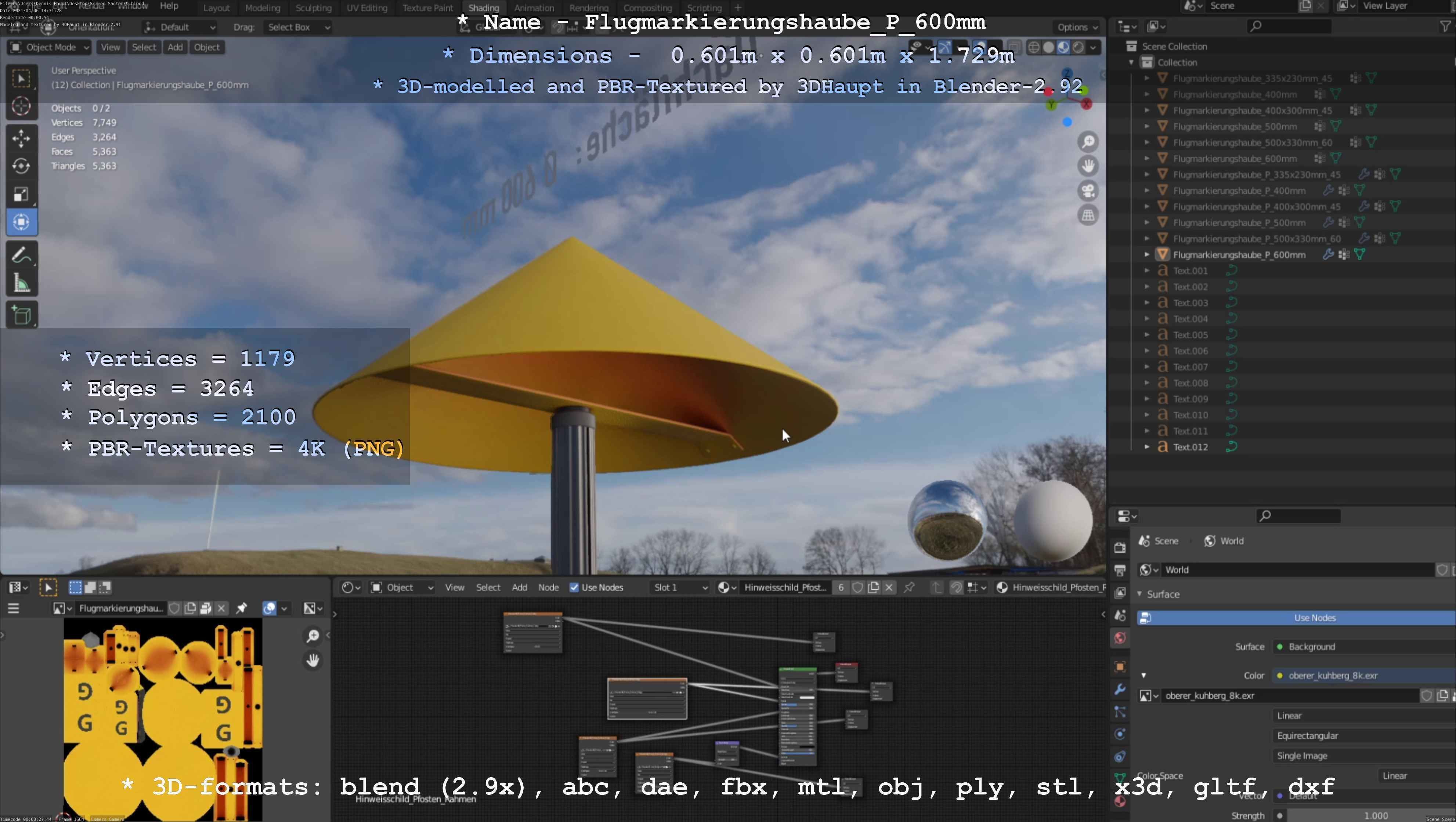 Flugmarkierungshaube mit Aluminiumpfosten  600mm Low-poly 3D model_80
