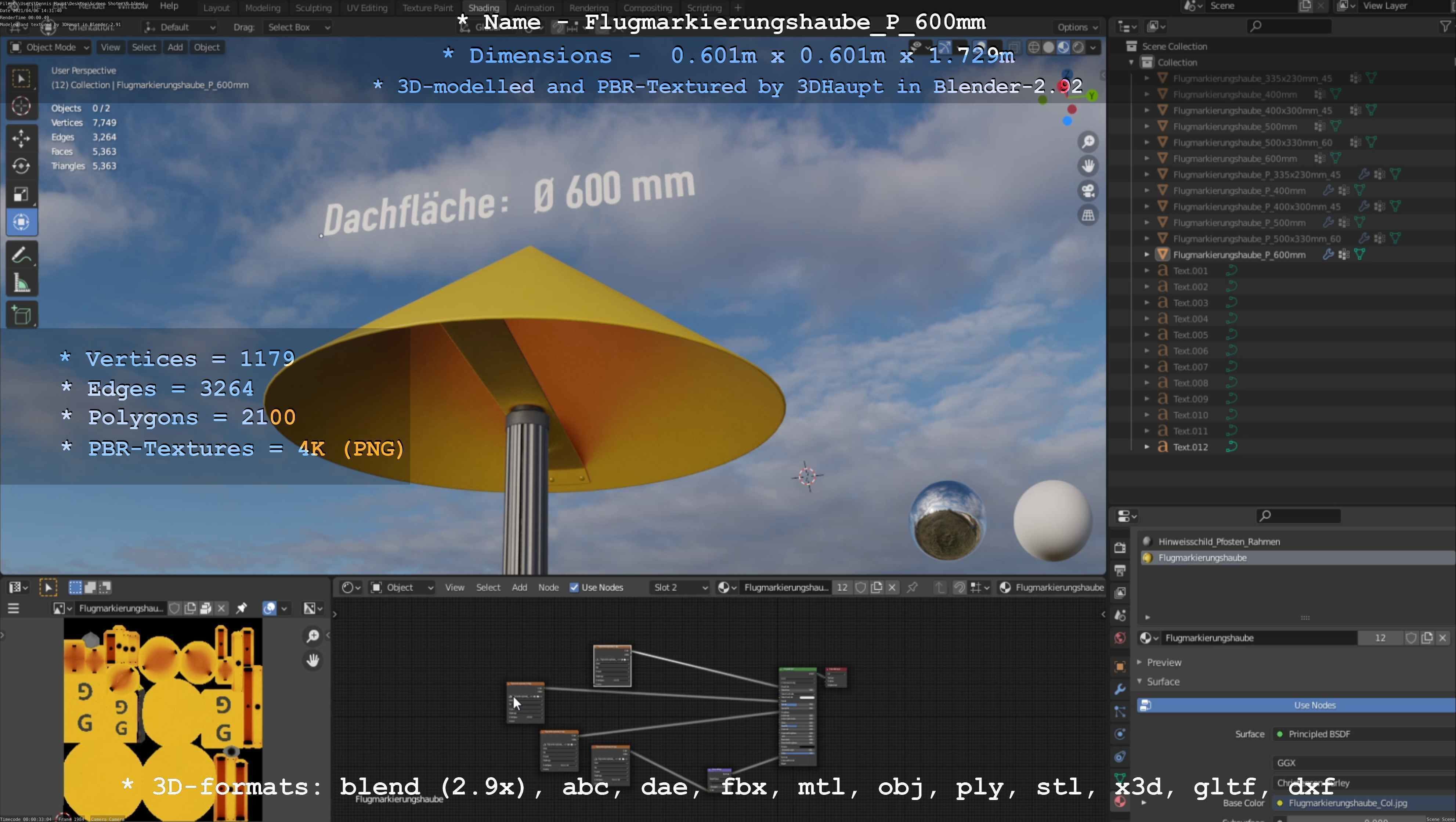 Flugmarkierungshaube mit Aluminiumpfosten  600mm Low-poly 3D model_48