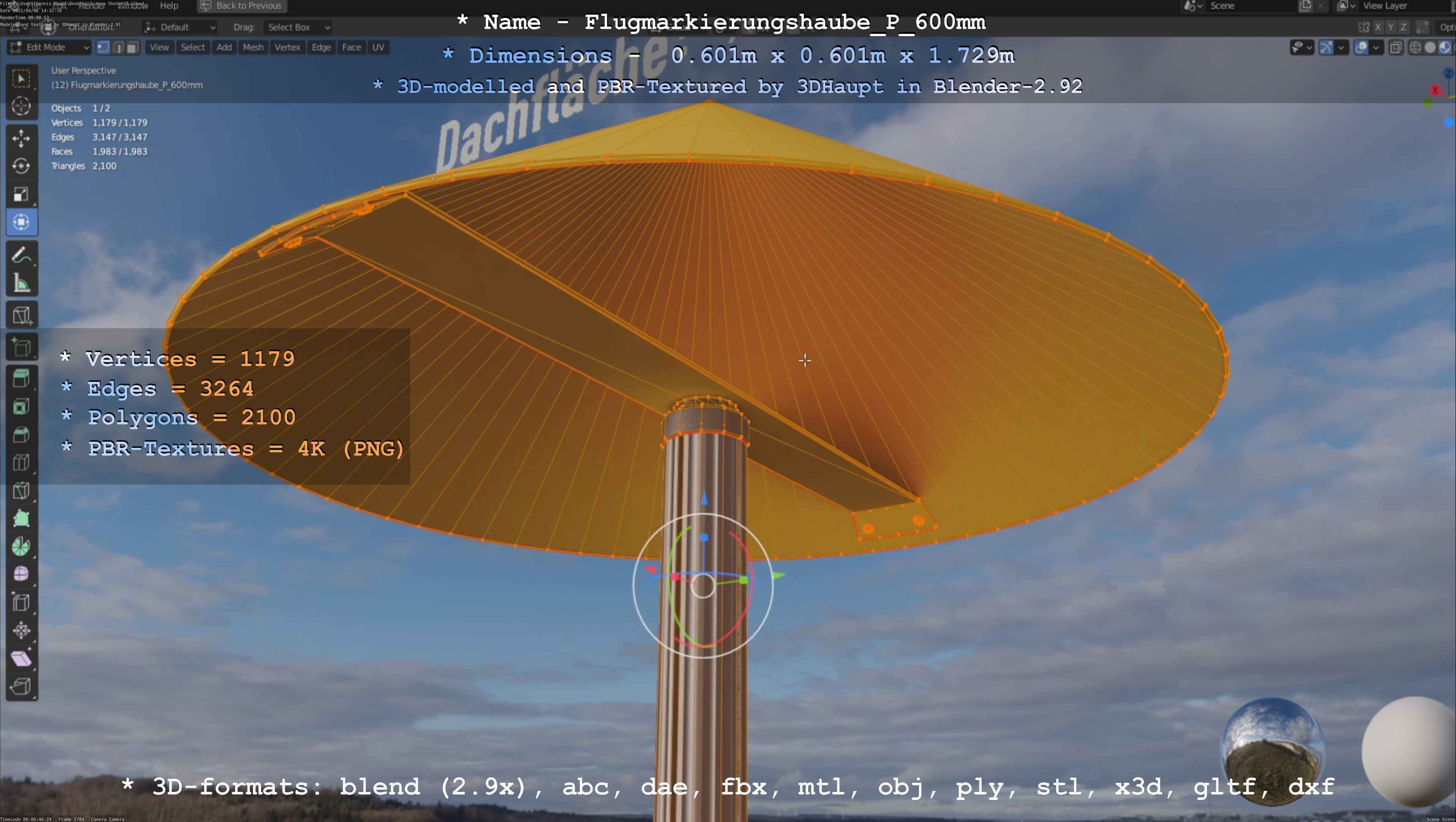 Flugmarkierungshaube mit Aluminiumpfosten  600mm Low-poly 3D model_87