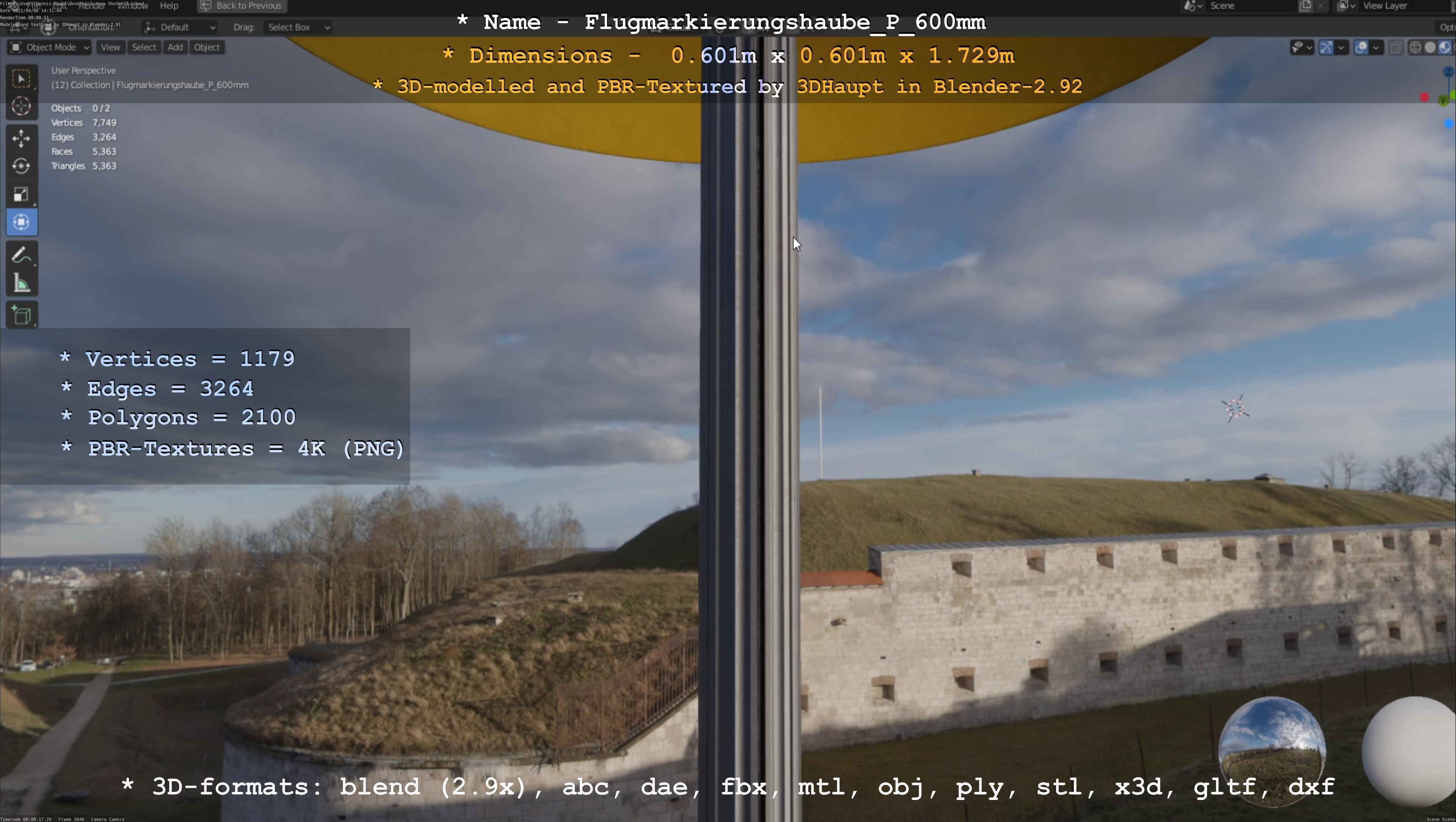 Flugmarkierungshaube mit Aluminiumpfosten  600mm Low-poly 3D model_16