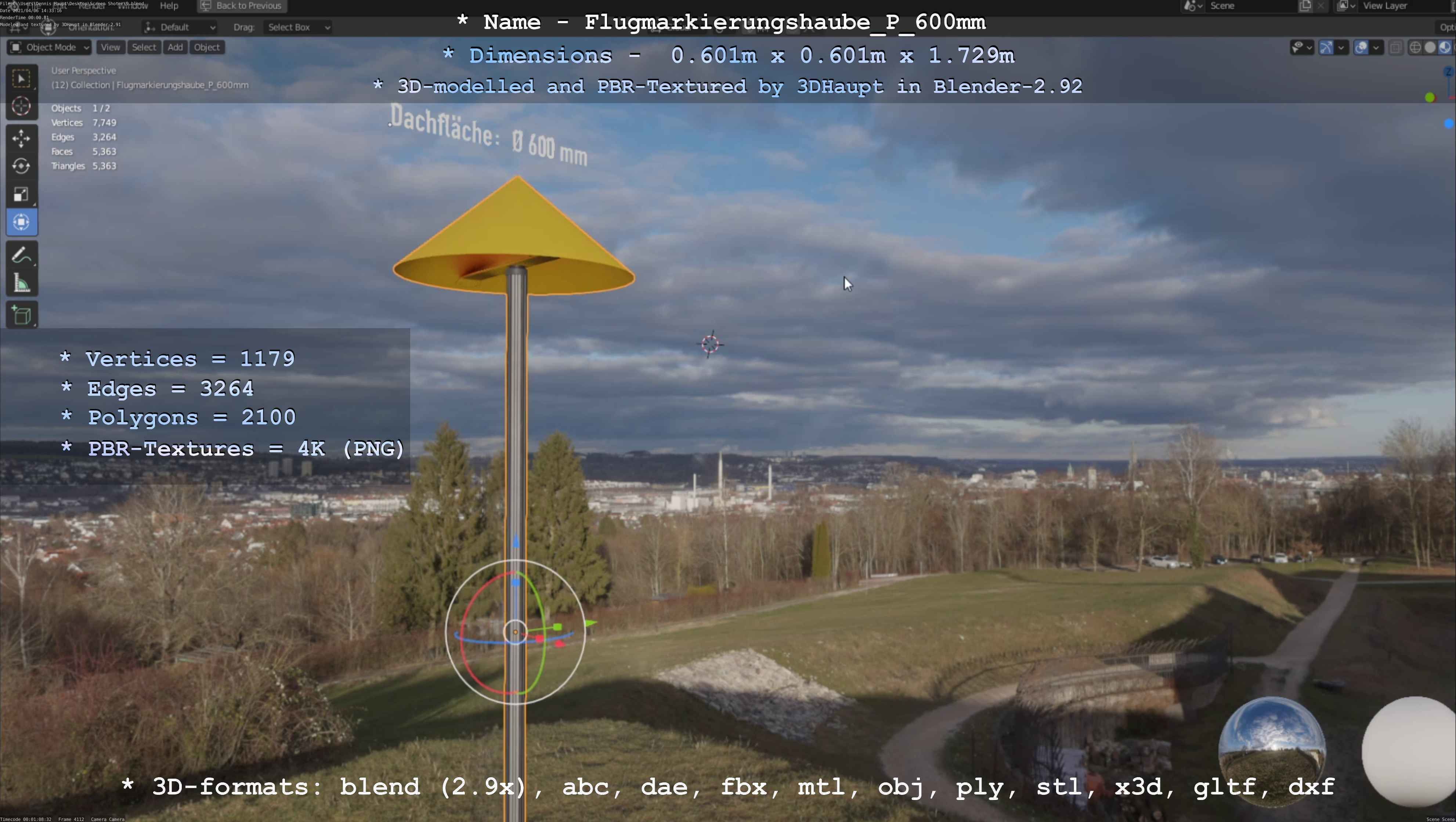 Flugmarkierungshaube mit Aluminiumpfosten  600mm Low-poly 3D model_97