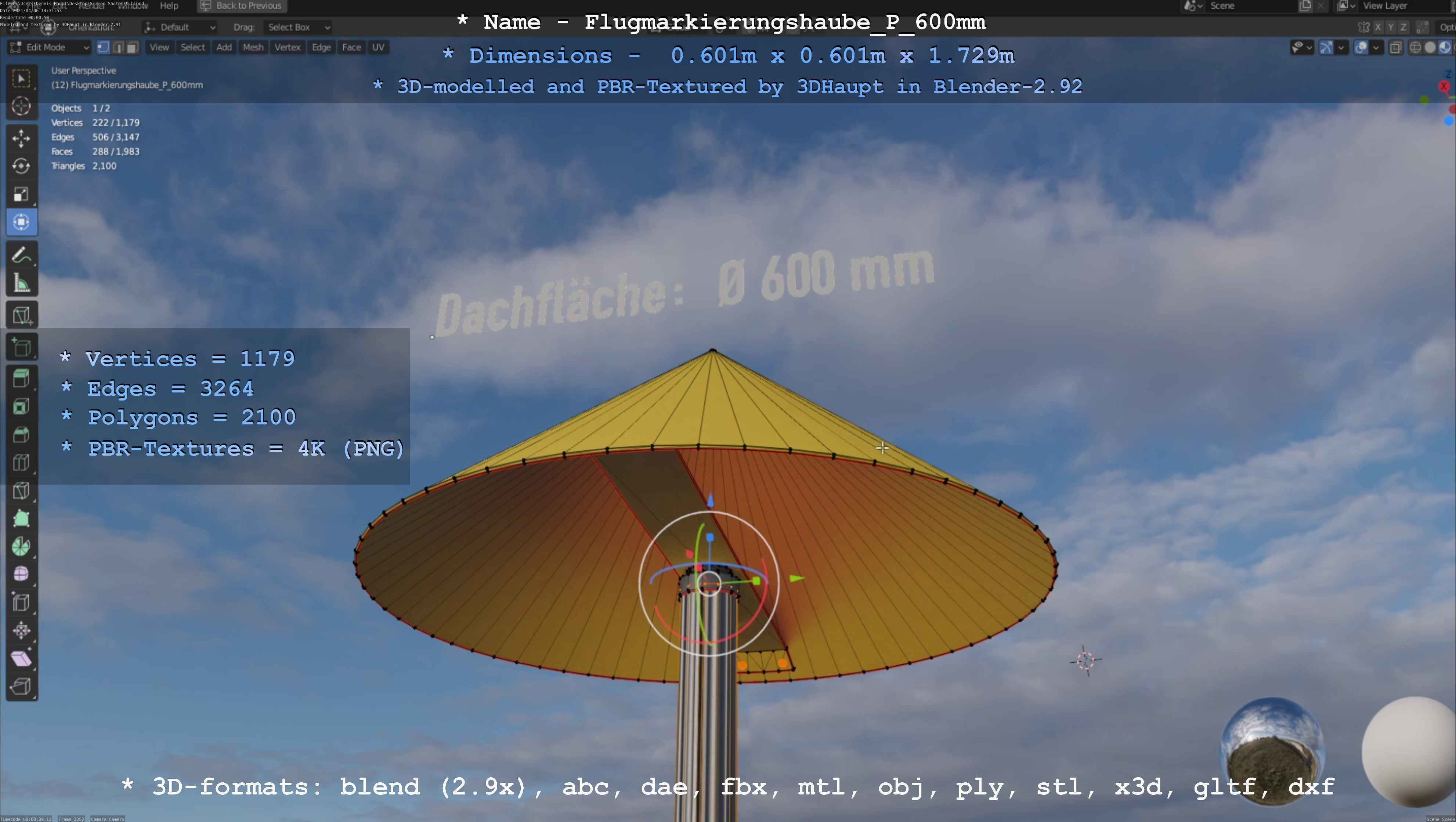 Flugmarkierungshaube mit Aluminiumpfosten  600mm Low-poly 3D model_63