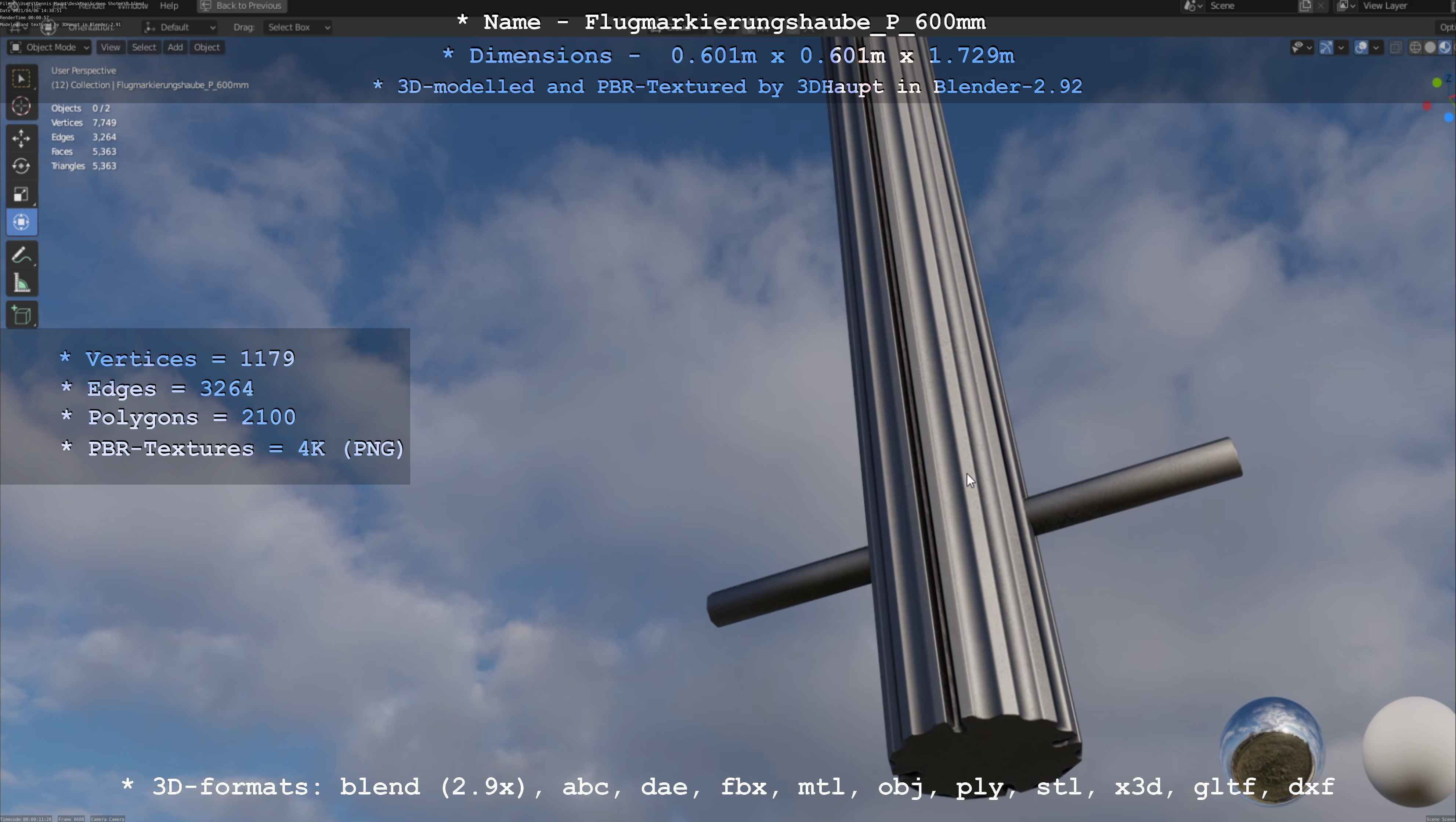 Flugmarkierungshaube mit Aluminiumpfosten  600mm Low-poly 3D model_131