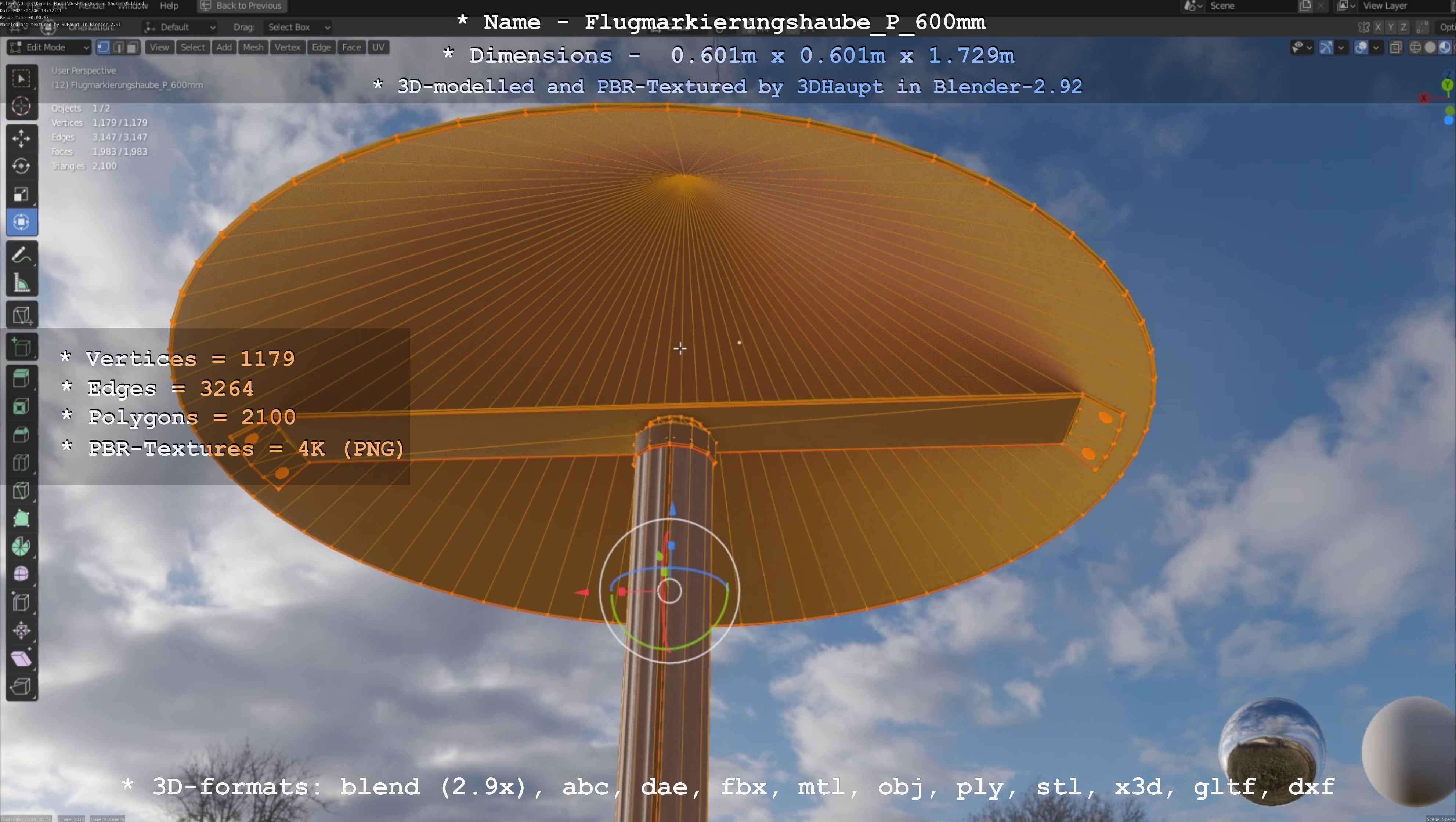 Flugmarkierungshaube mit Aluminiumpfosten  600mm Low-poly 3D model_78