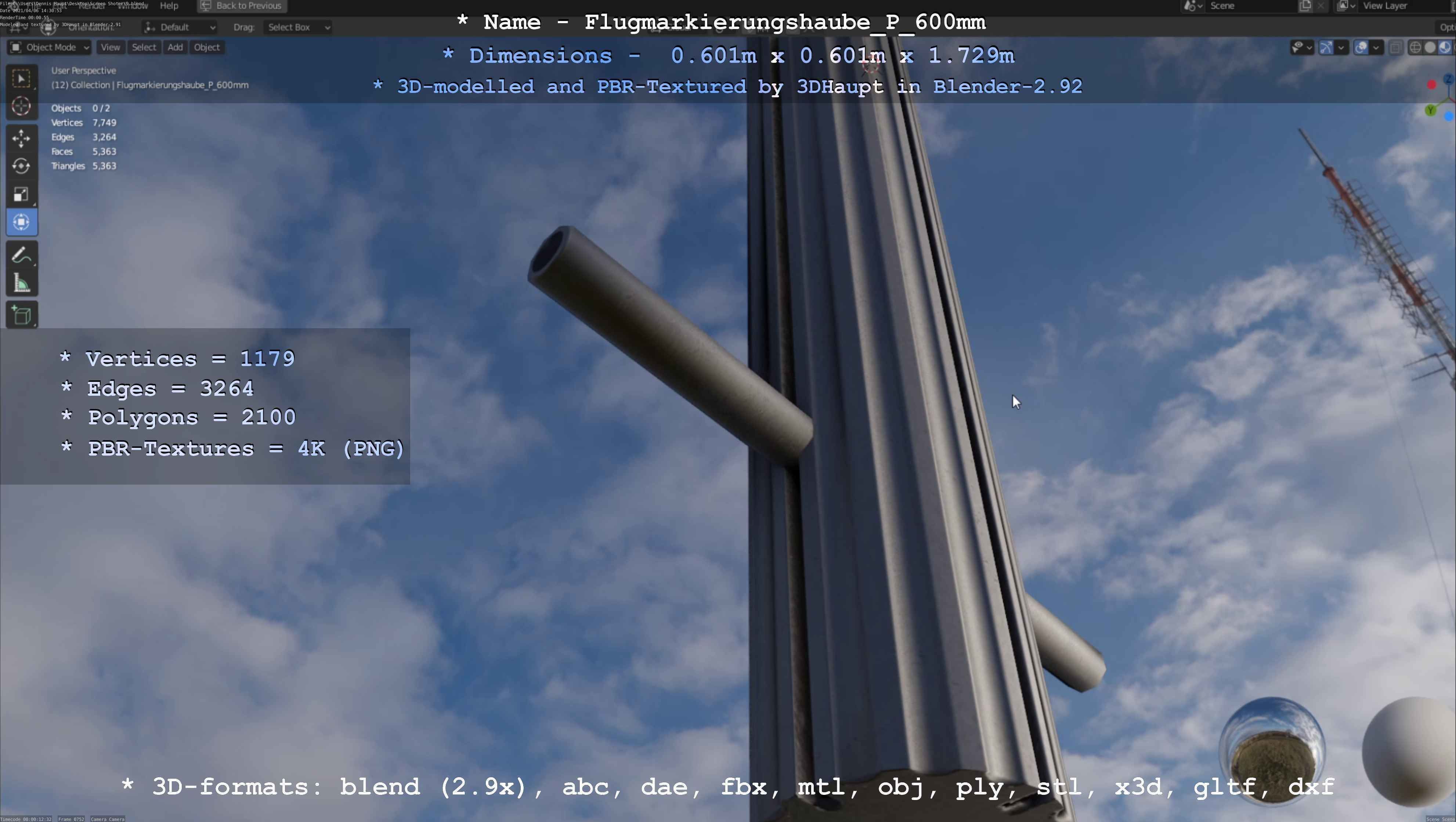 Flugmarkierungshaube mit Aluminiumpfosten  600mm Low-poly 3D model_13