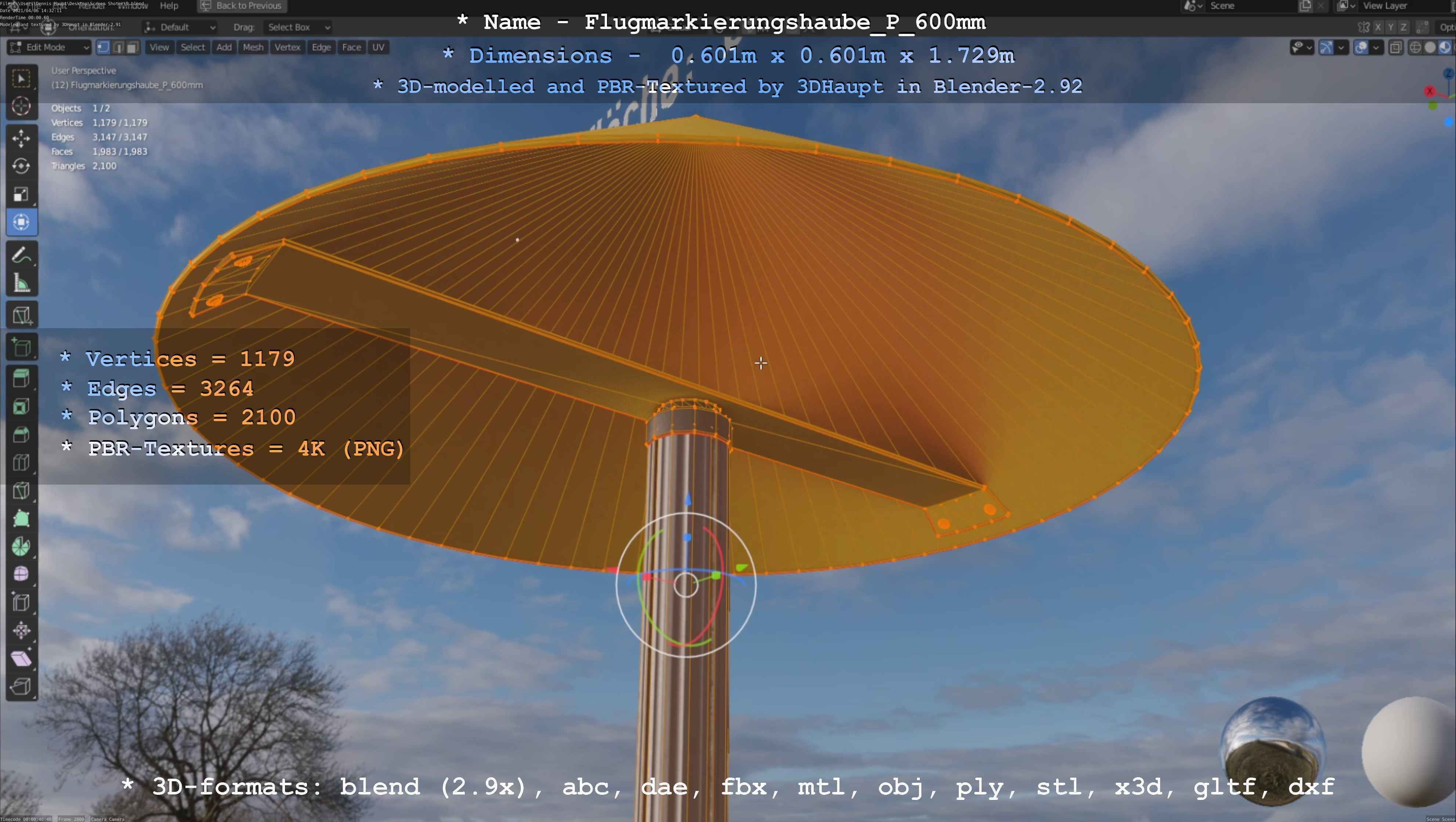 Flugmarkierungshaube mit Aluminiumpfosten  600mm Low-poly 3D model_70