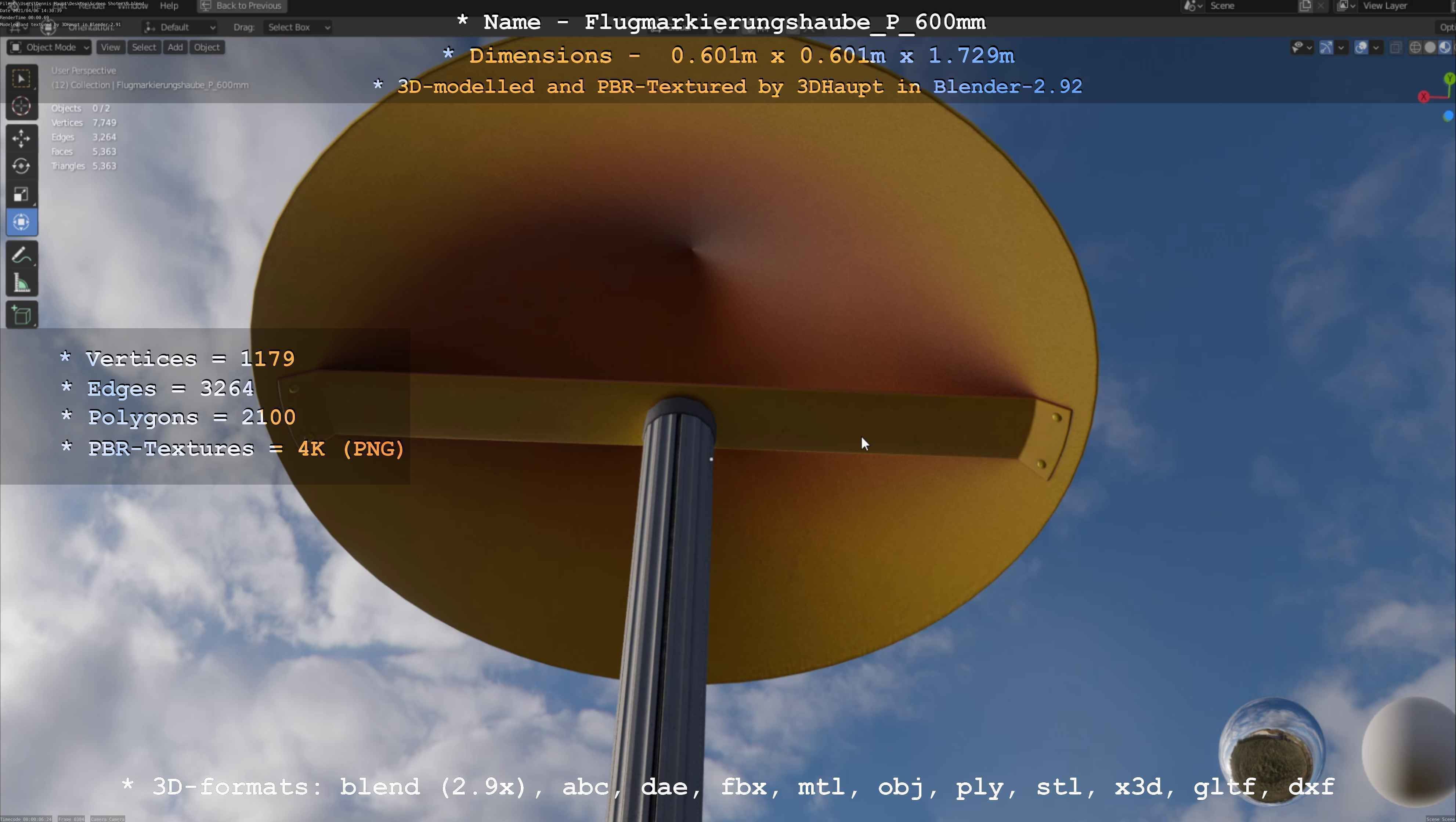 Flugmarkierungshaube mit Aluminiumpfosten  600mm Low-poly 3D model_8