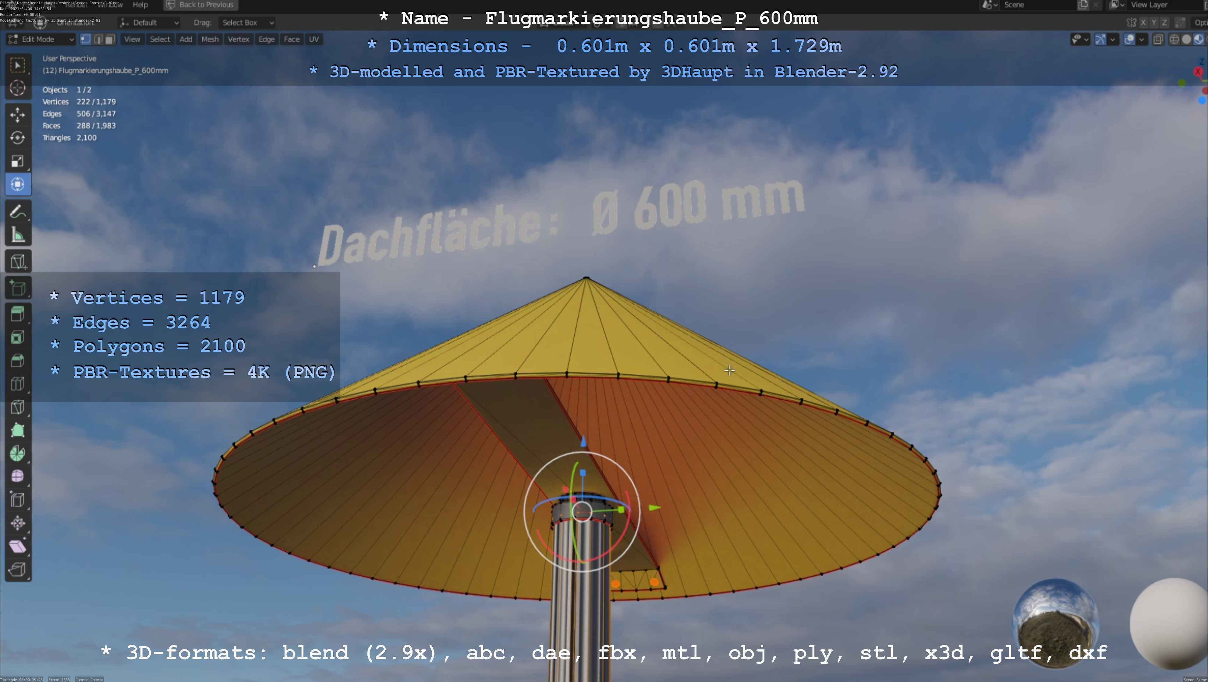 Flugmarkierungshaube mit Aluminiumpfosten  600mm Low-poly 3D model_59