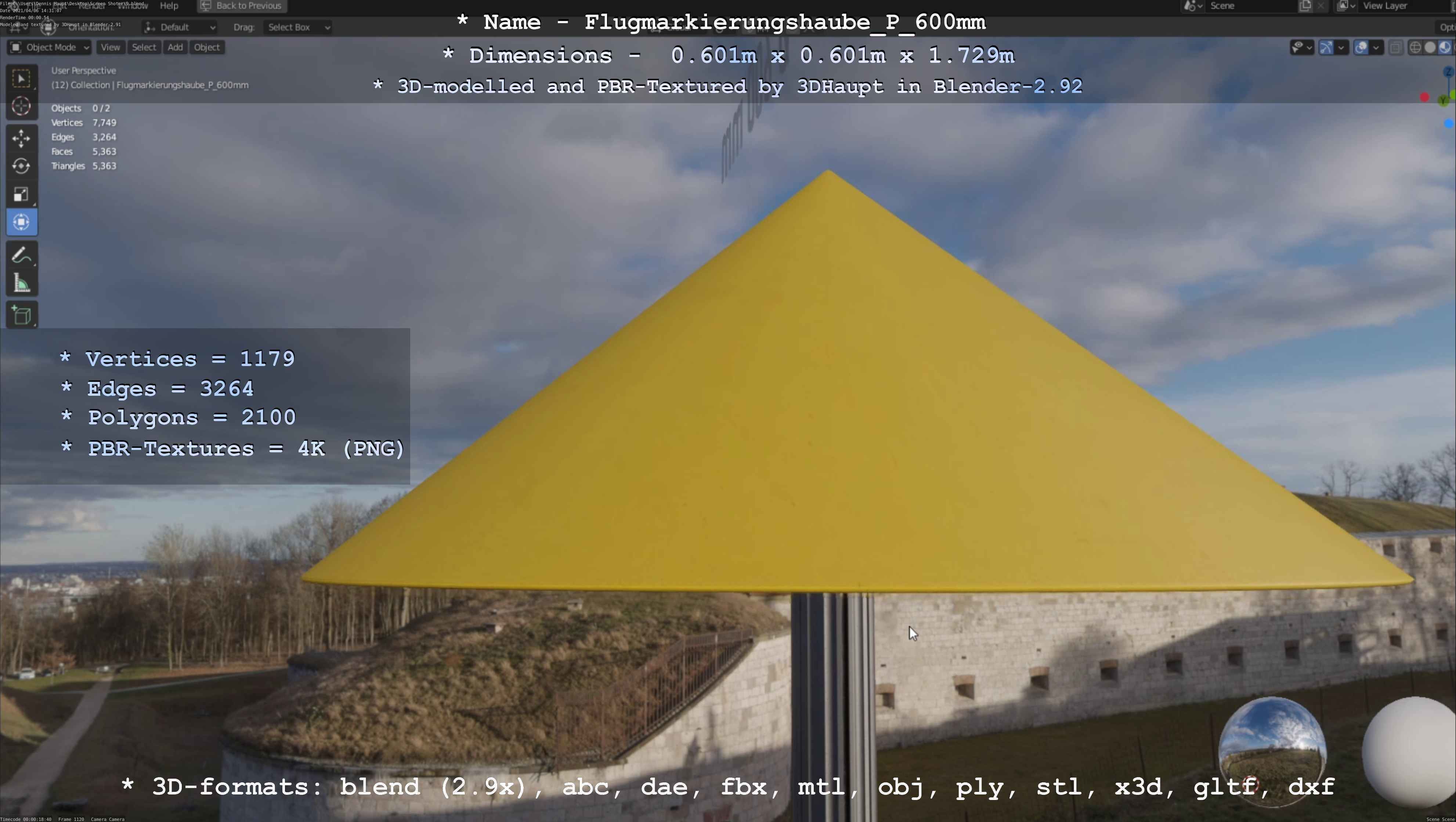 Flugmarkierungshaube mit Aluminiumpfosten  600mm Low-poly 3D model_17