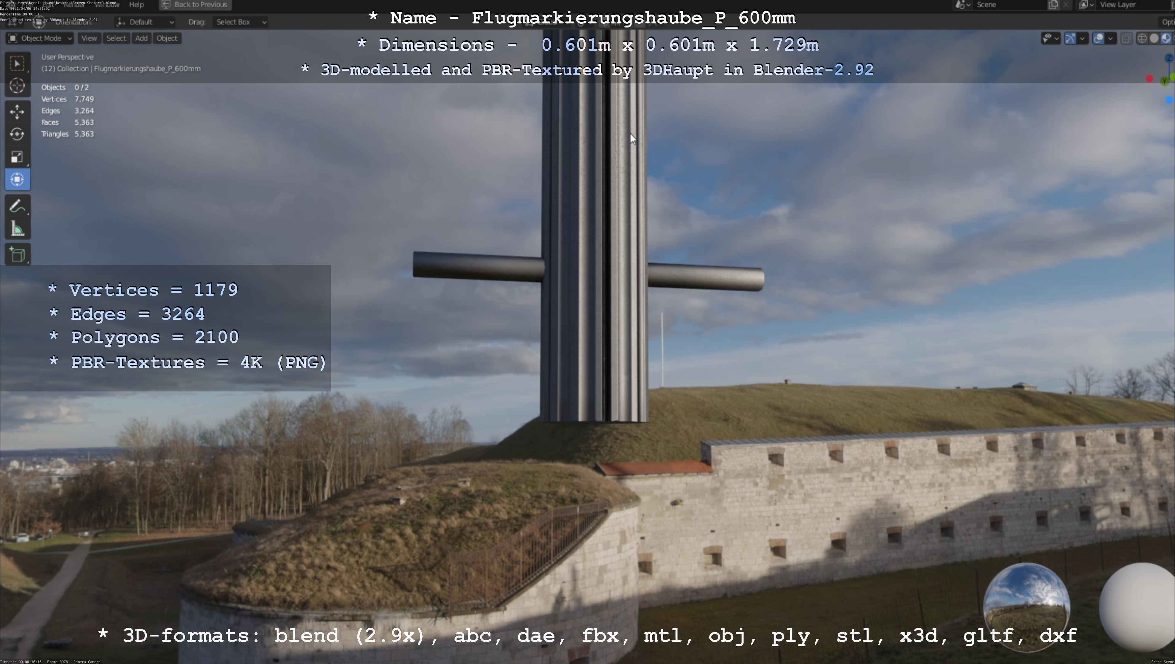 Flugmarkierungshaube mit Aluminiumpfosten  600mm Low-poly 3D model_128
