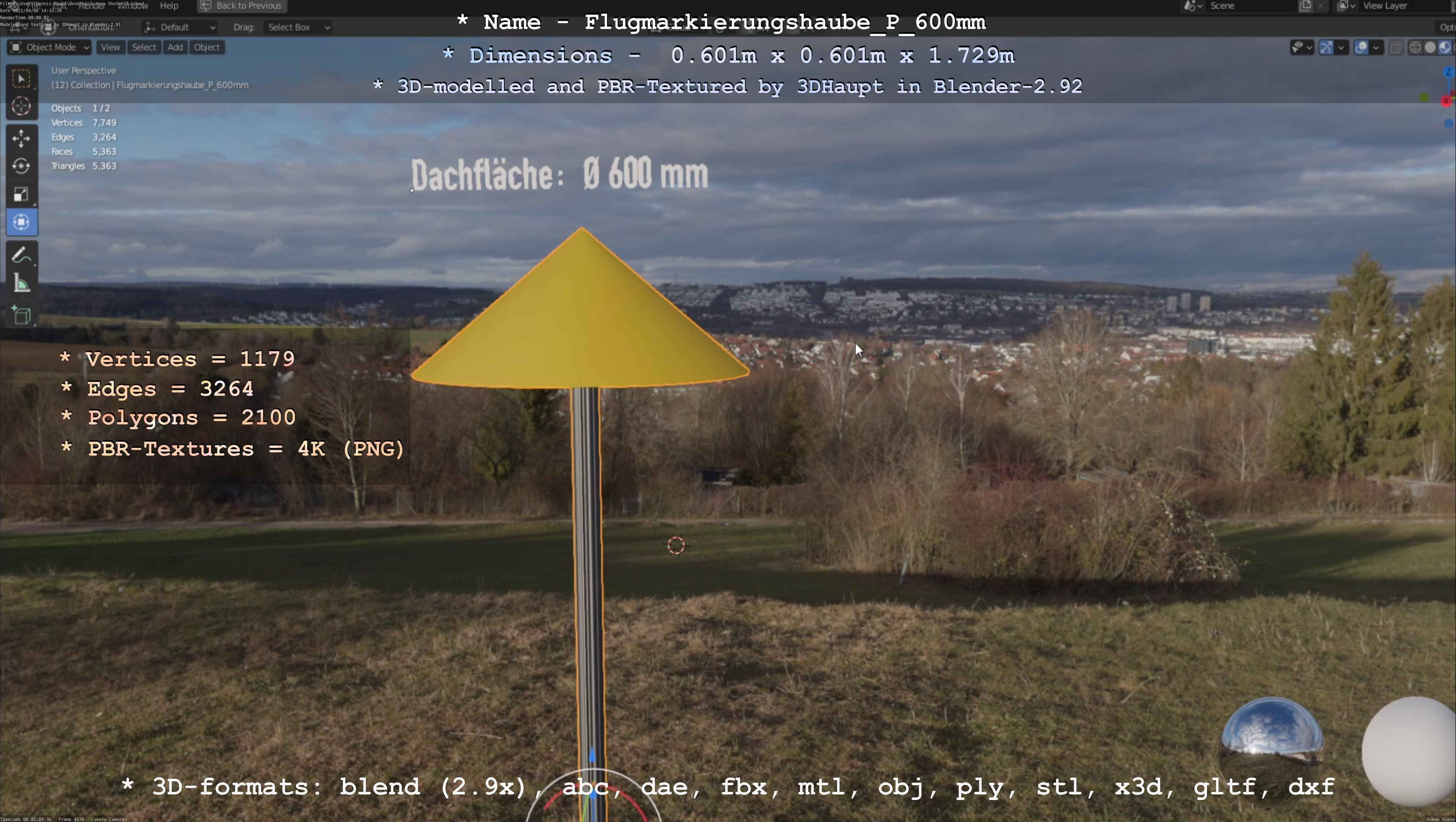 Flugmarkierungshaube mit Aluminiumpfosten  600mm Low-poly 3D model_103