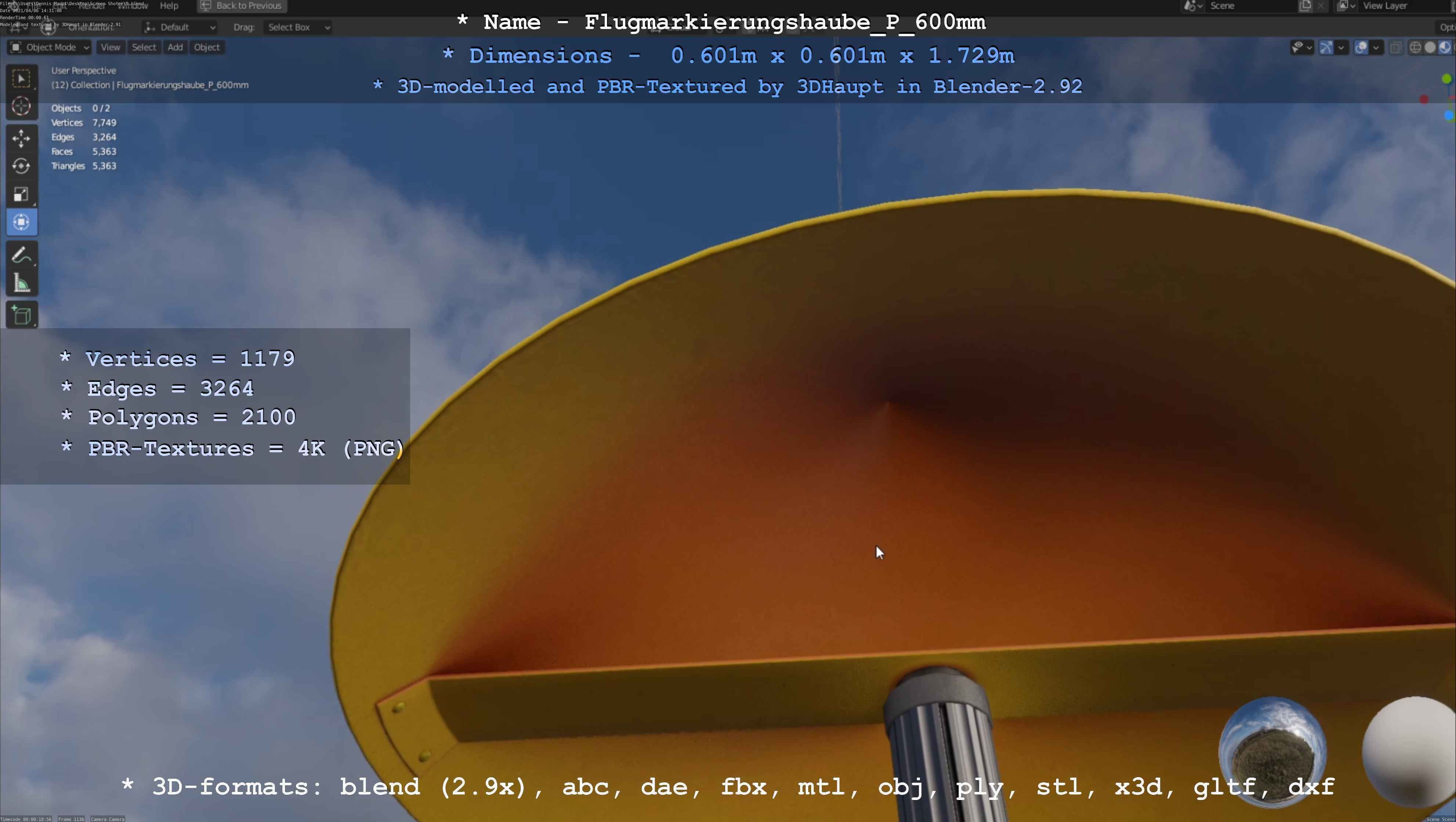 Flugmarkierungshaube mit Aluminiumpfosten  600mm Low-poly 3D model_18