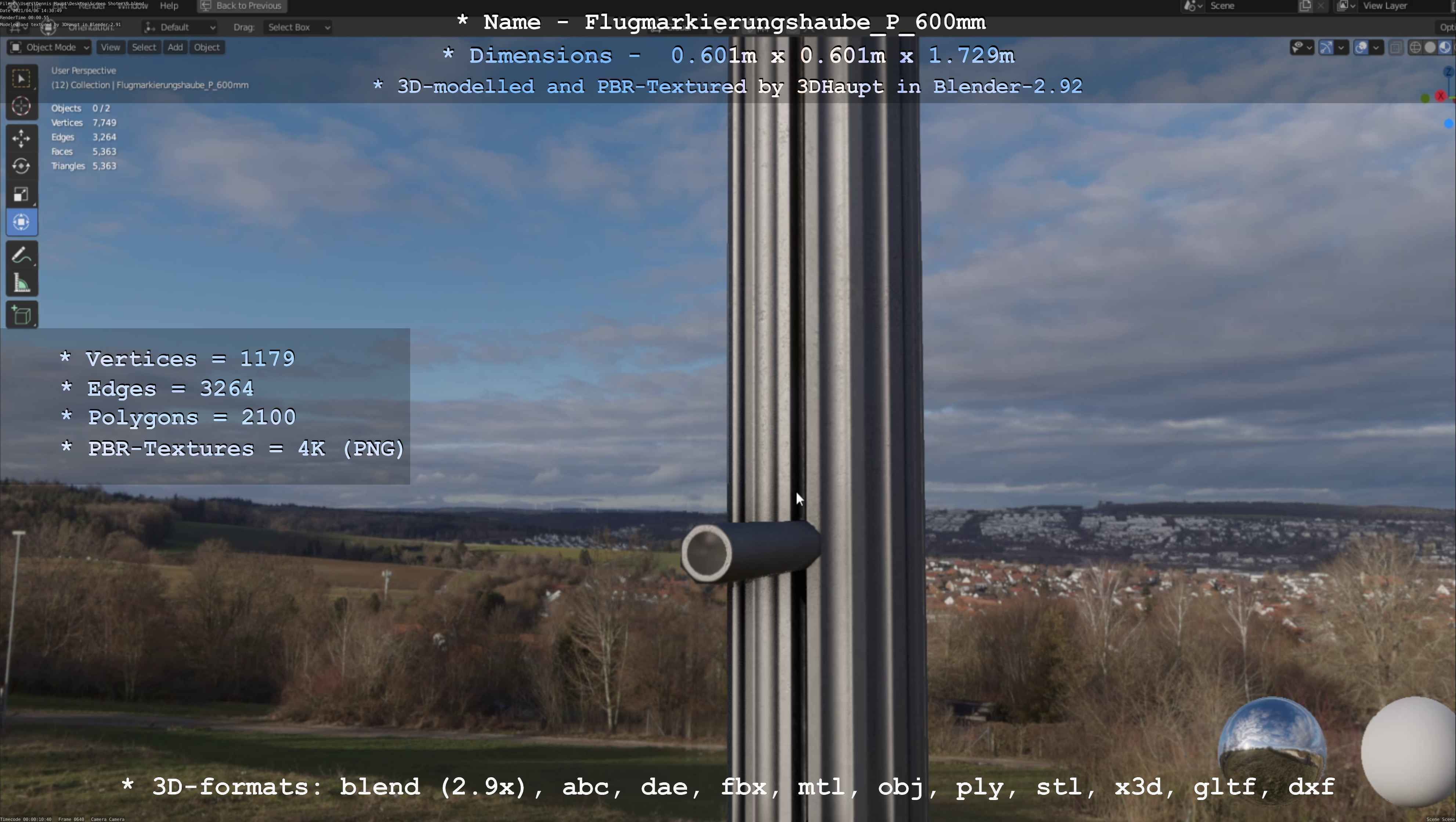 Flugmarkierungshaube mit Aluminiumpfosten  600mm Low-poly 3D model_117