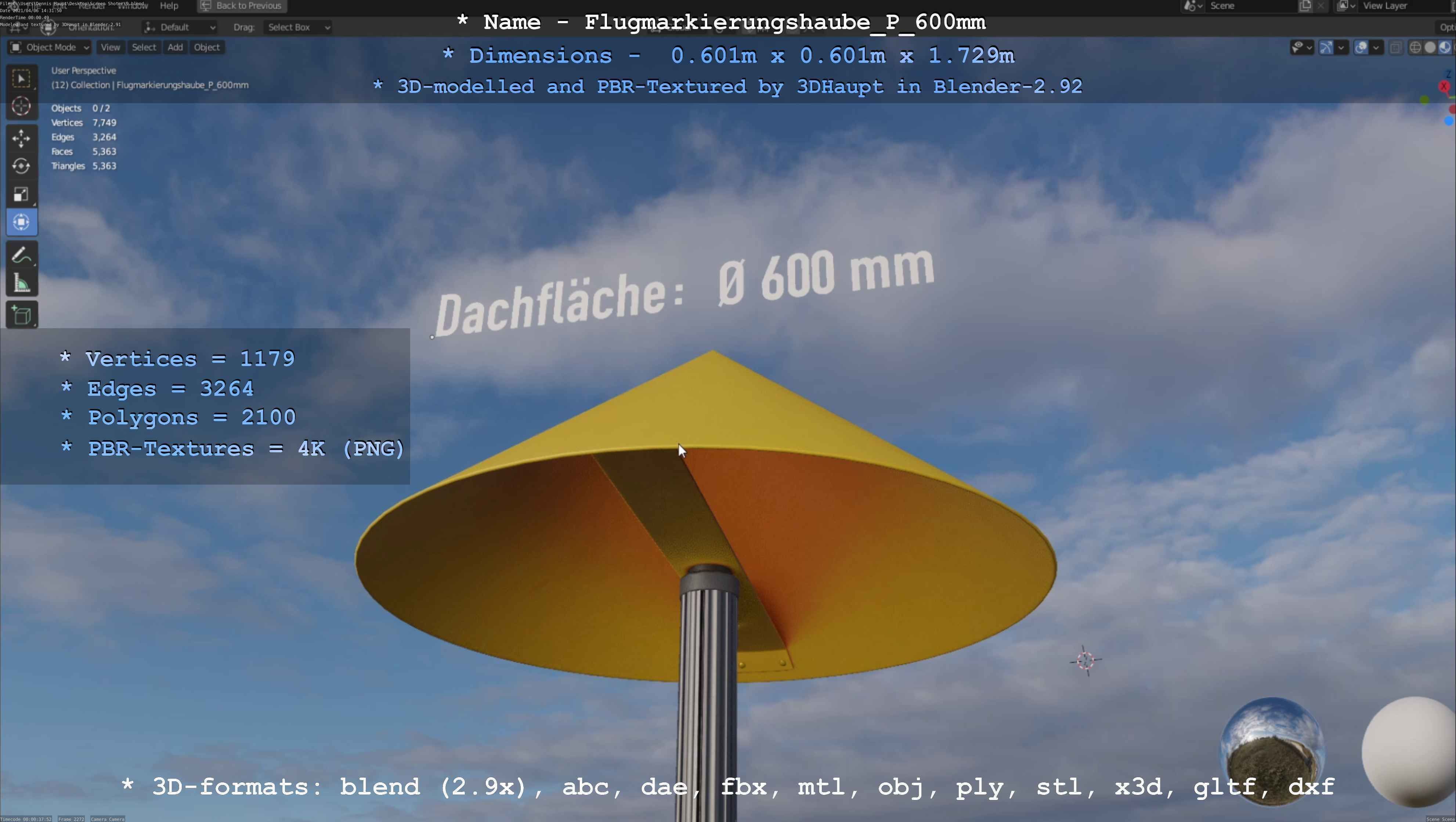 Flugmarkierungshaube mit Aluminiumpfosten  600mm Low-poly 3D model_27