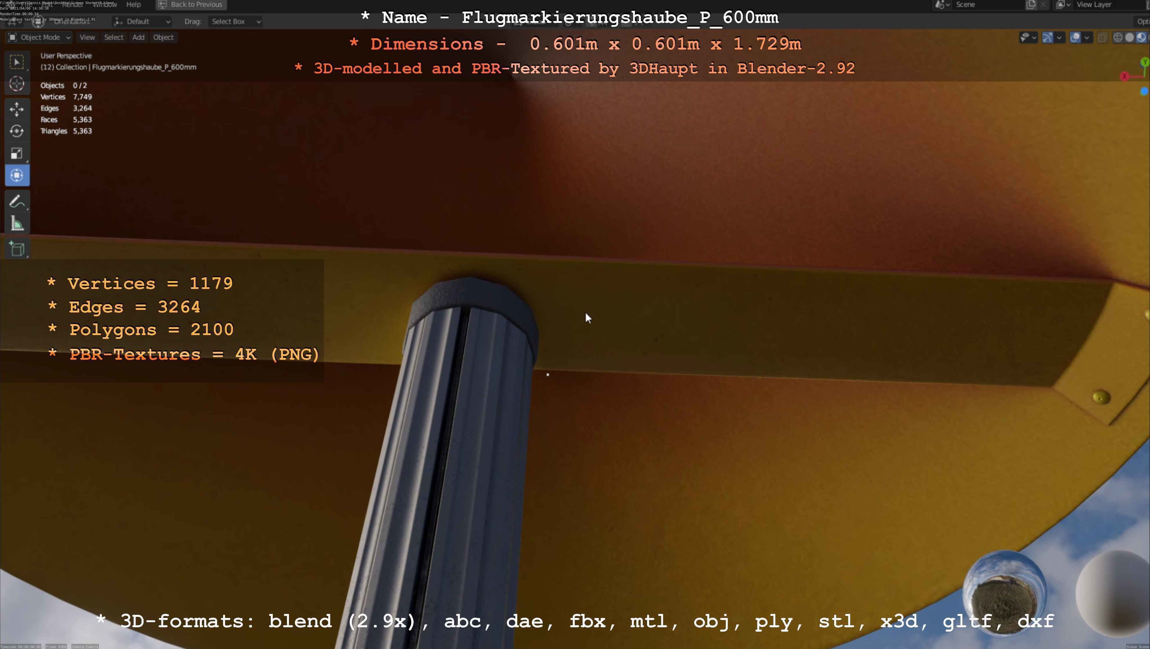 Flugmarkierungshaube mit Aluminiumpfosten  600mm Low-poly 3D model_7