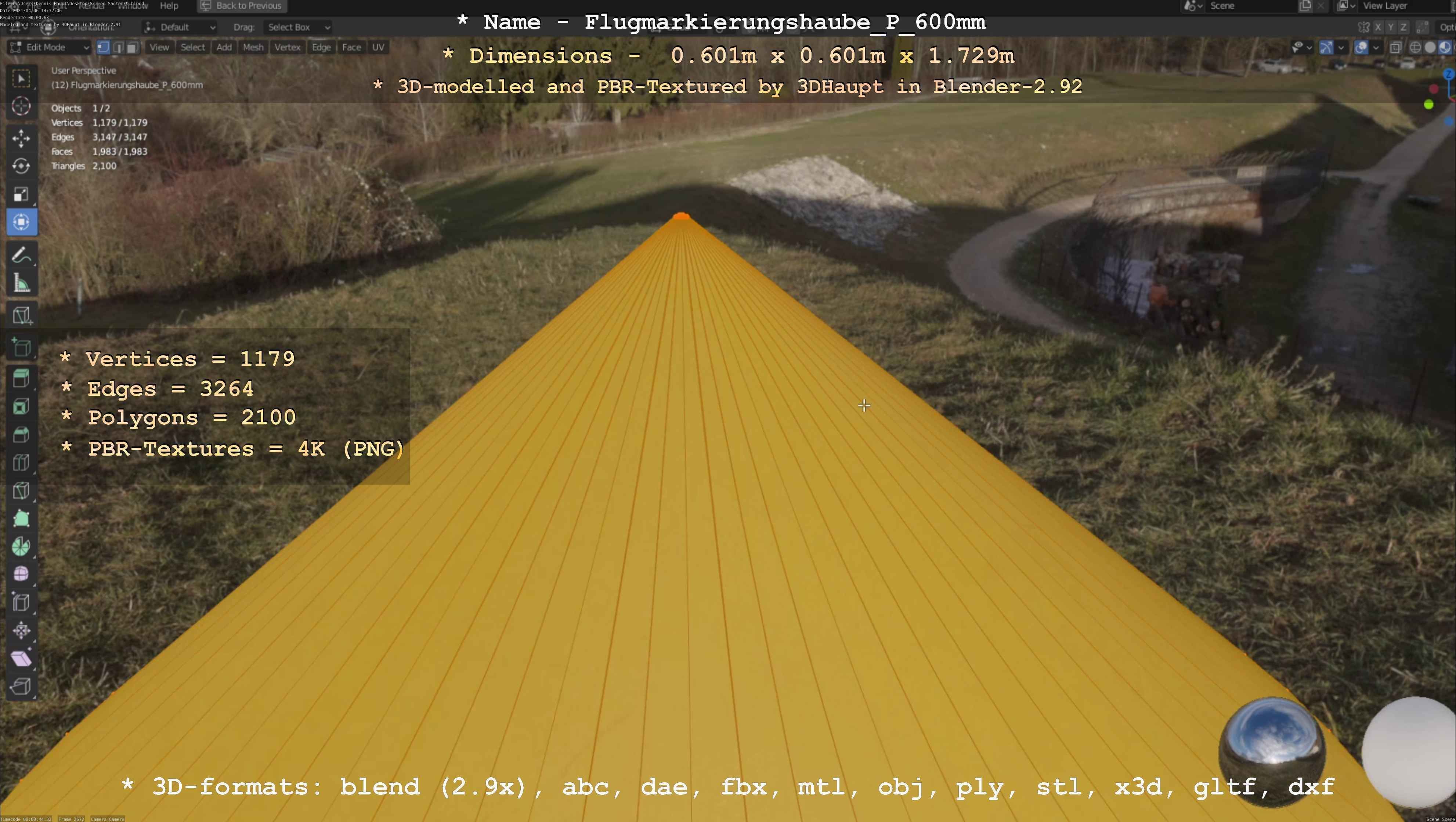 Flugmarkierungshaube mit Aluminiumpfosten  600mm Low-poly 3D model_71
