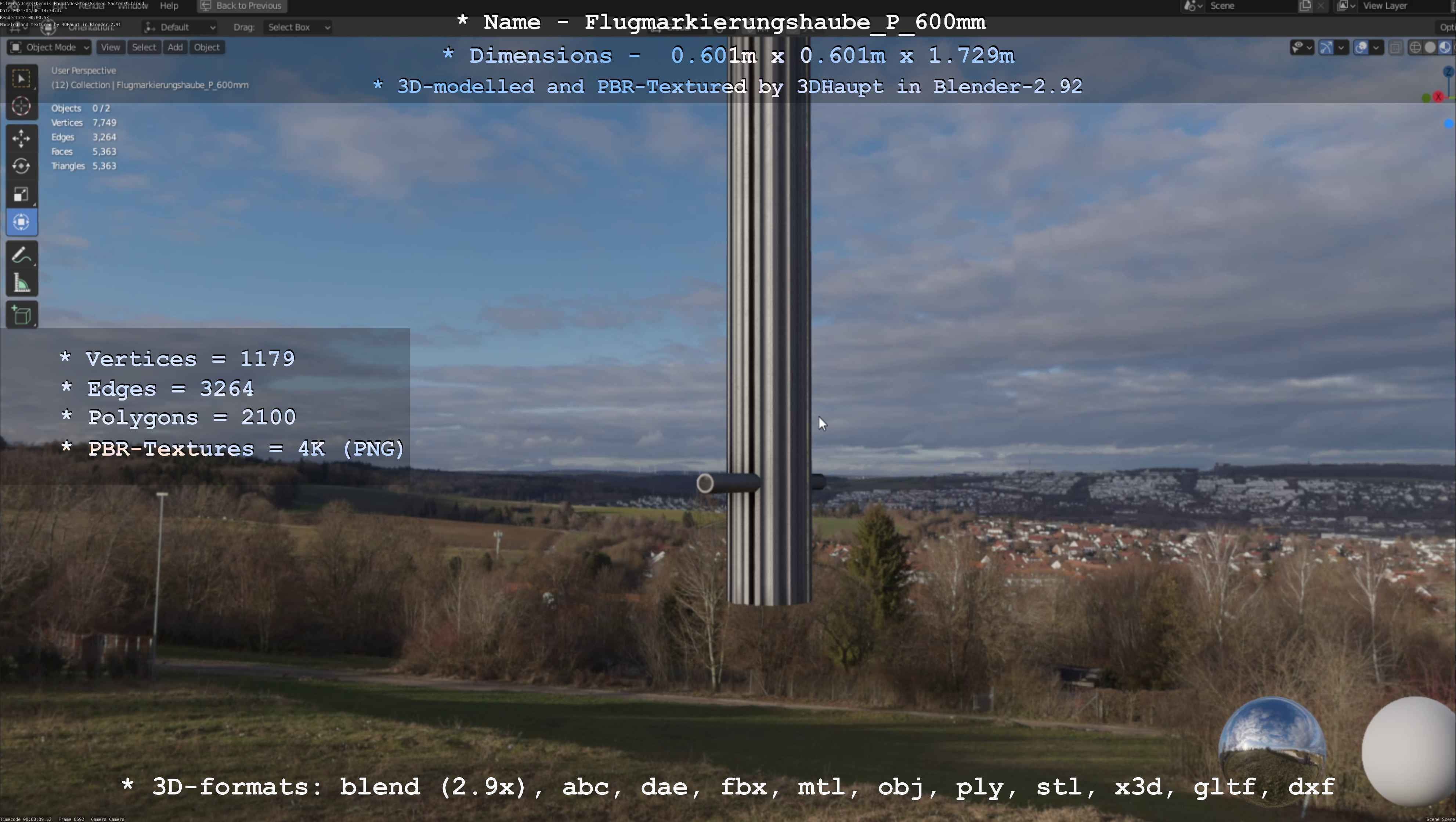 Flugmarkierungshaube mit Aluminiumpfosten  600mm Low-poly 3D model_115