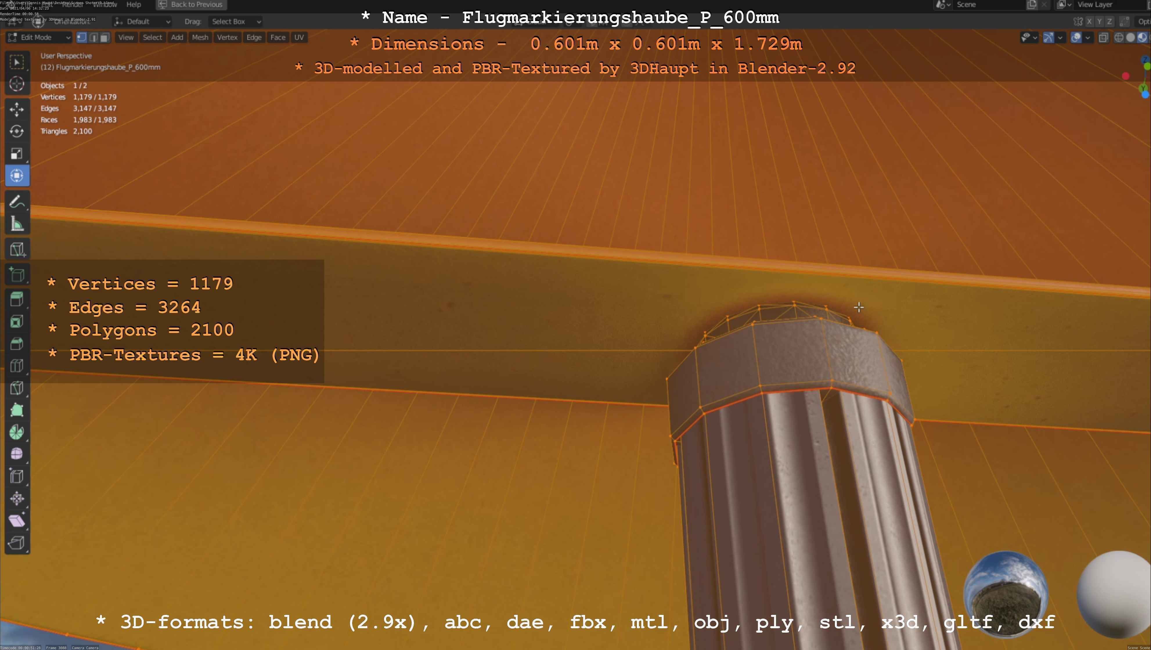 Flugmarkierungshaube mit Aluminiumpfosten  600mm Low-poly 3D model_75