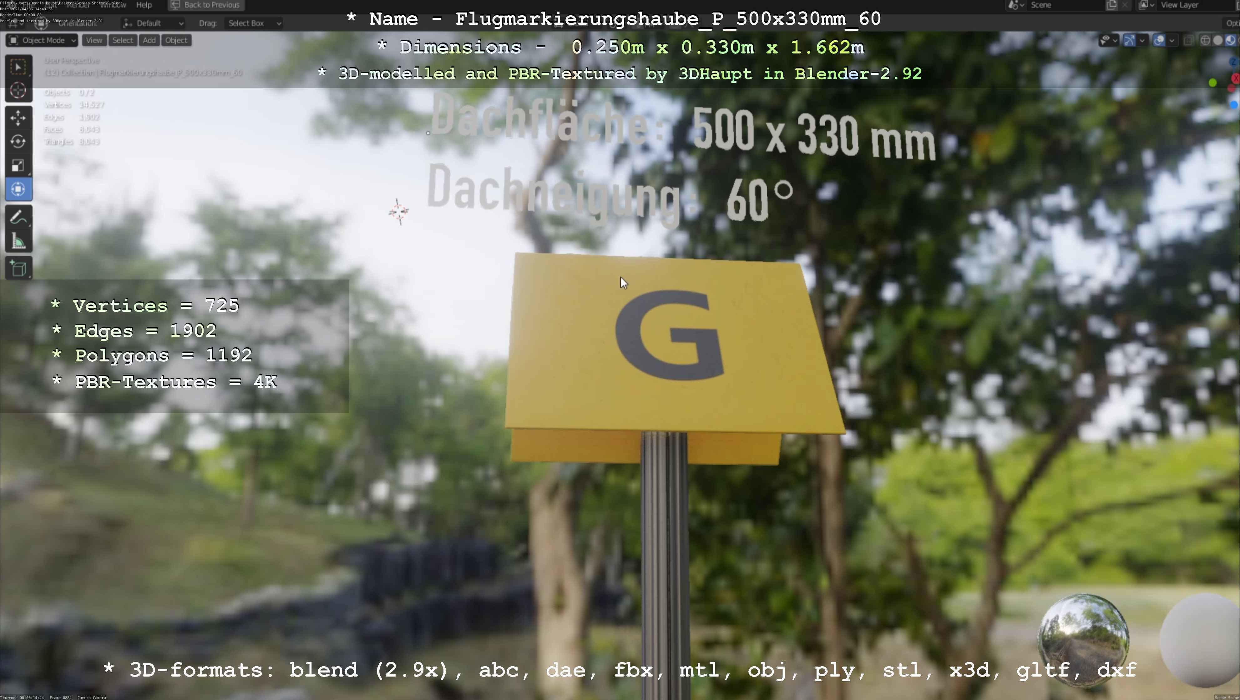 Flugmarkierungshaube mit Aluminiumpfosten 500x330mm 60 Low-poly 3D model_126