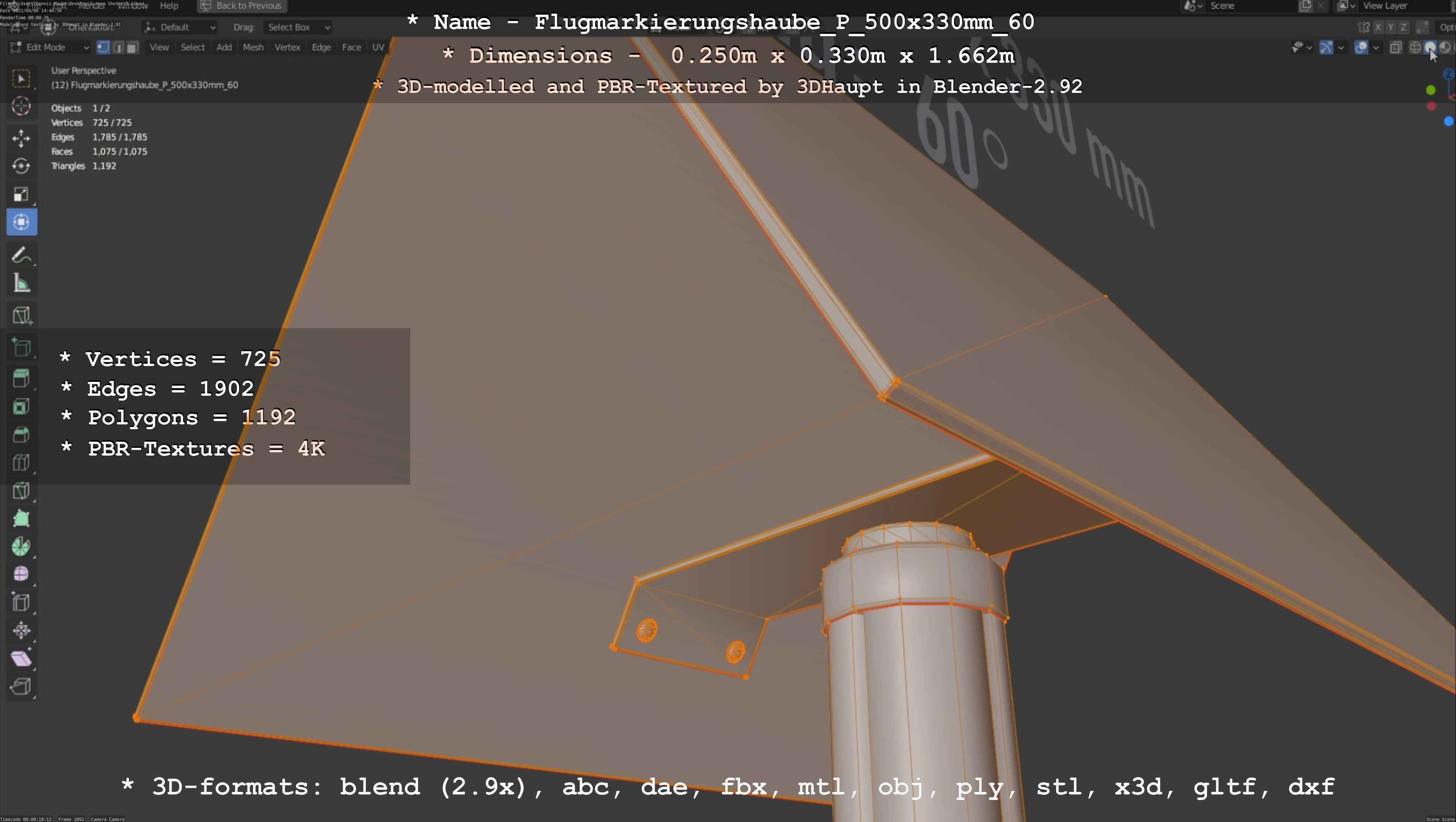 Flugmarkierungshaube mit Aluminiumpfosten 500x330mm 60 Low-poly 3D model_37
