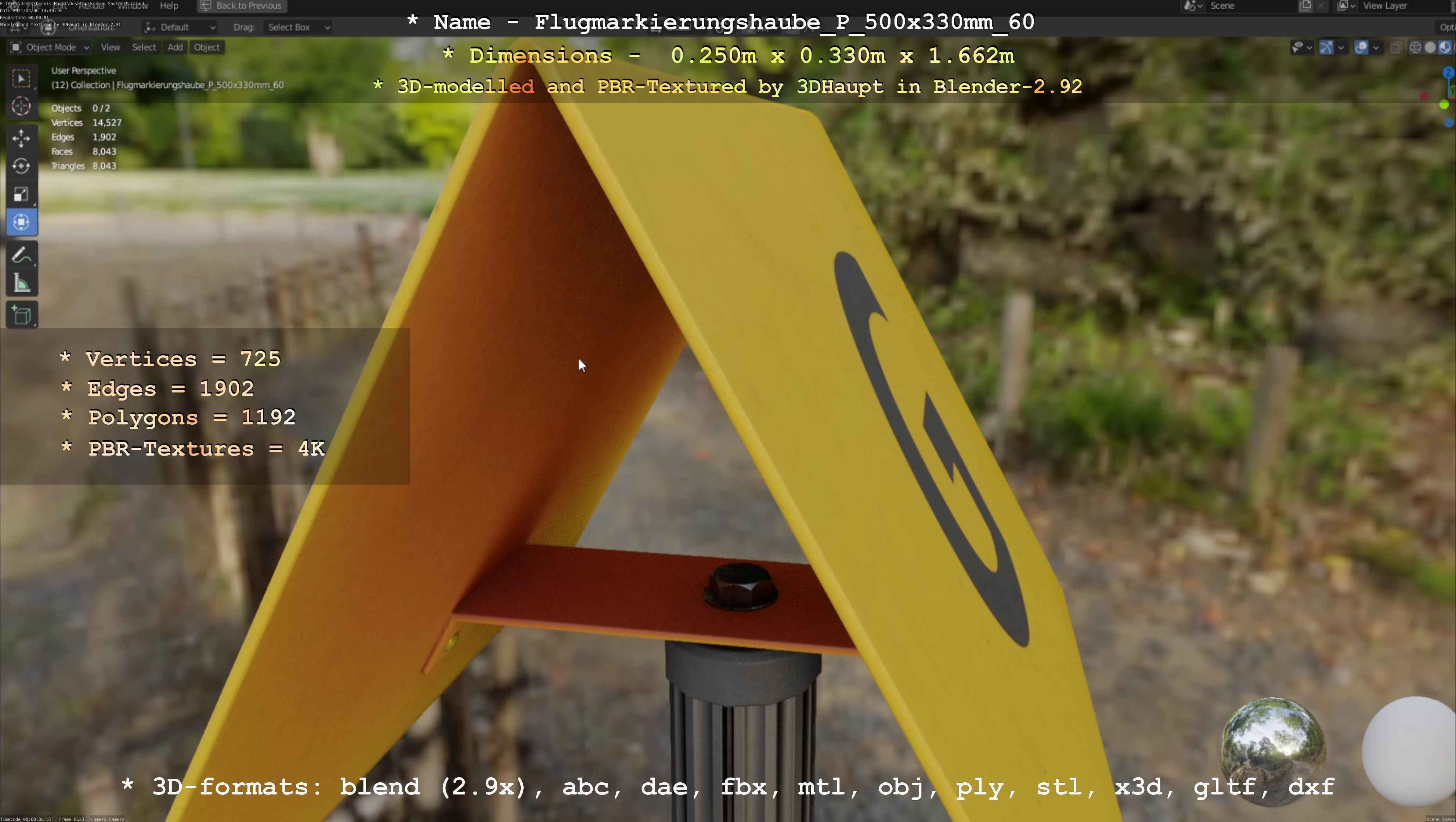 Flugmarkierungshaube mit Aluminiumpfosten 500x330mm 60 Low-poly 3D model_96