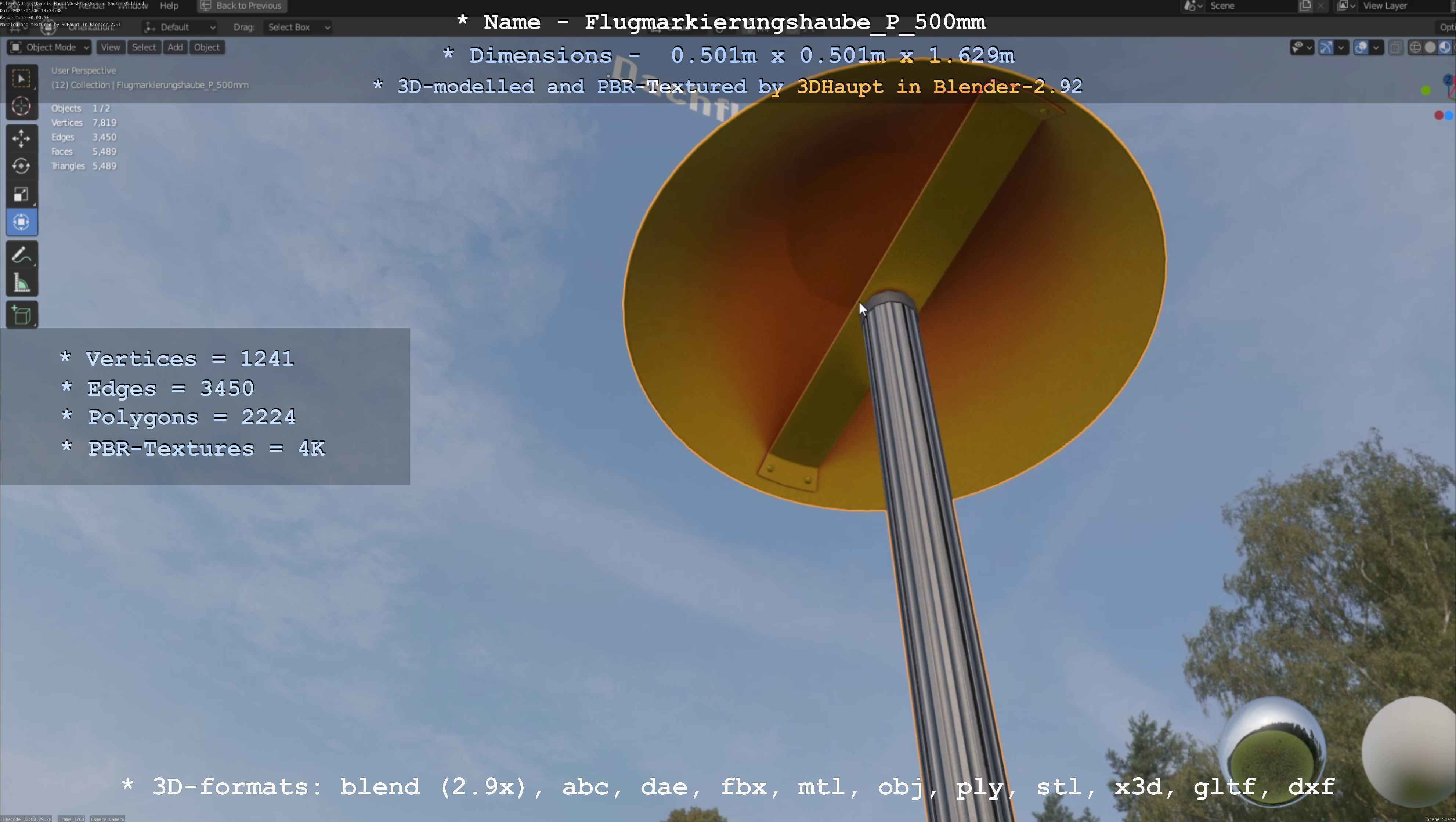 Flugmarkierungshaube mit Aluminiumpfosten 500mm Low-poly 3D model_12