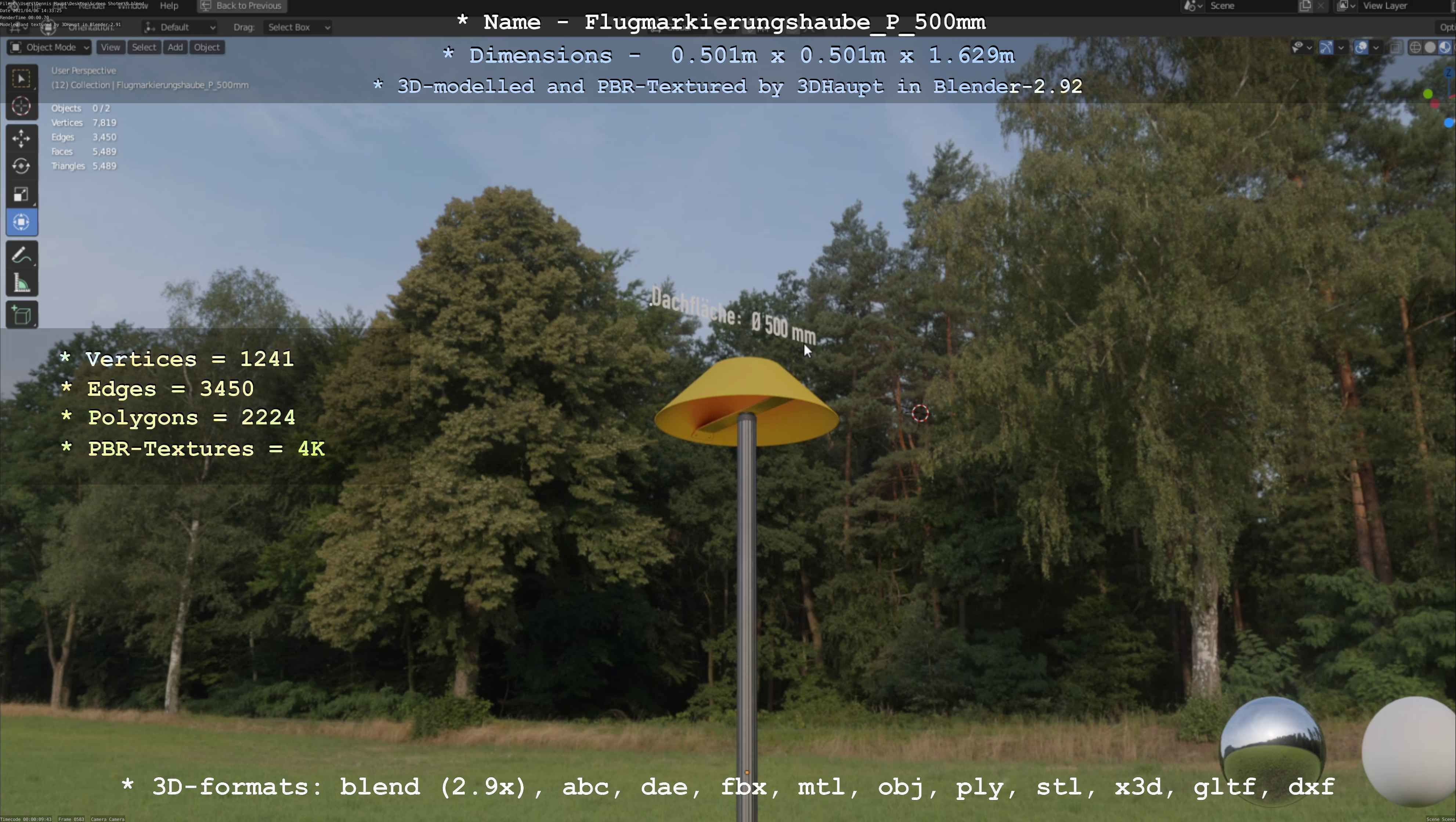 Flugmarkierungshaube mit Aluminiumpfosten 500mm Low-poly 3D model_34