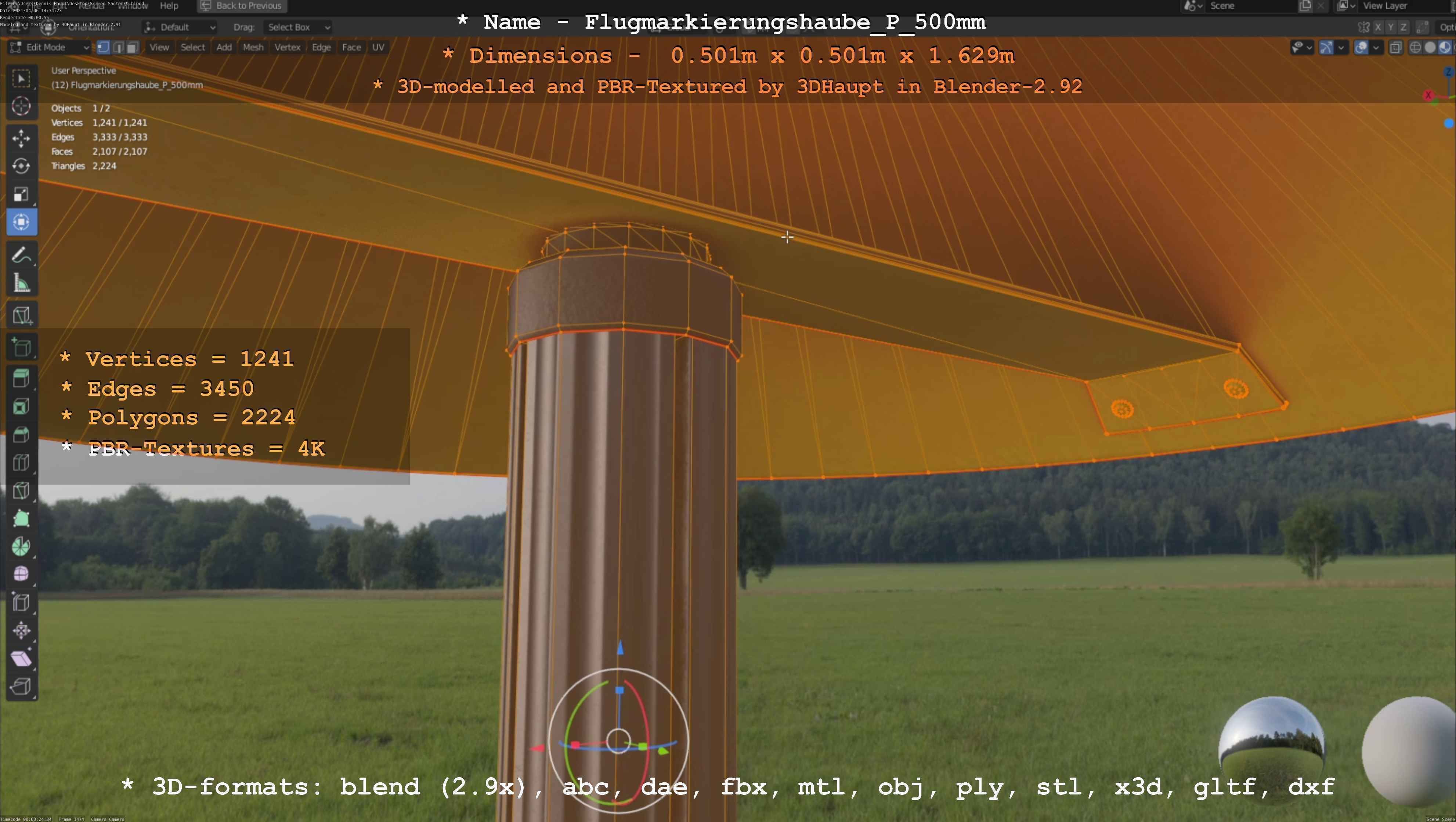 Flugmarkierungshaube mit Aluminiumpfosten 500mm Low-poly 3D model_89