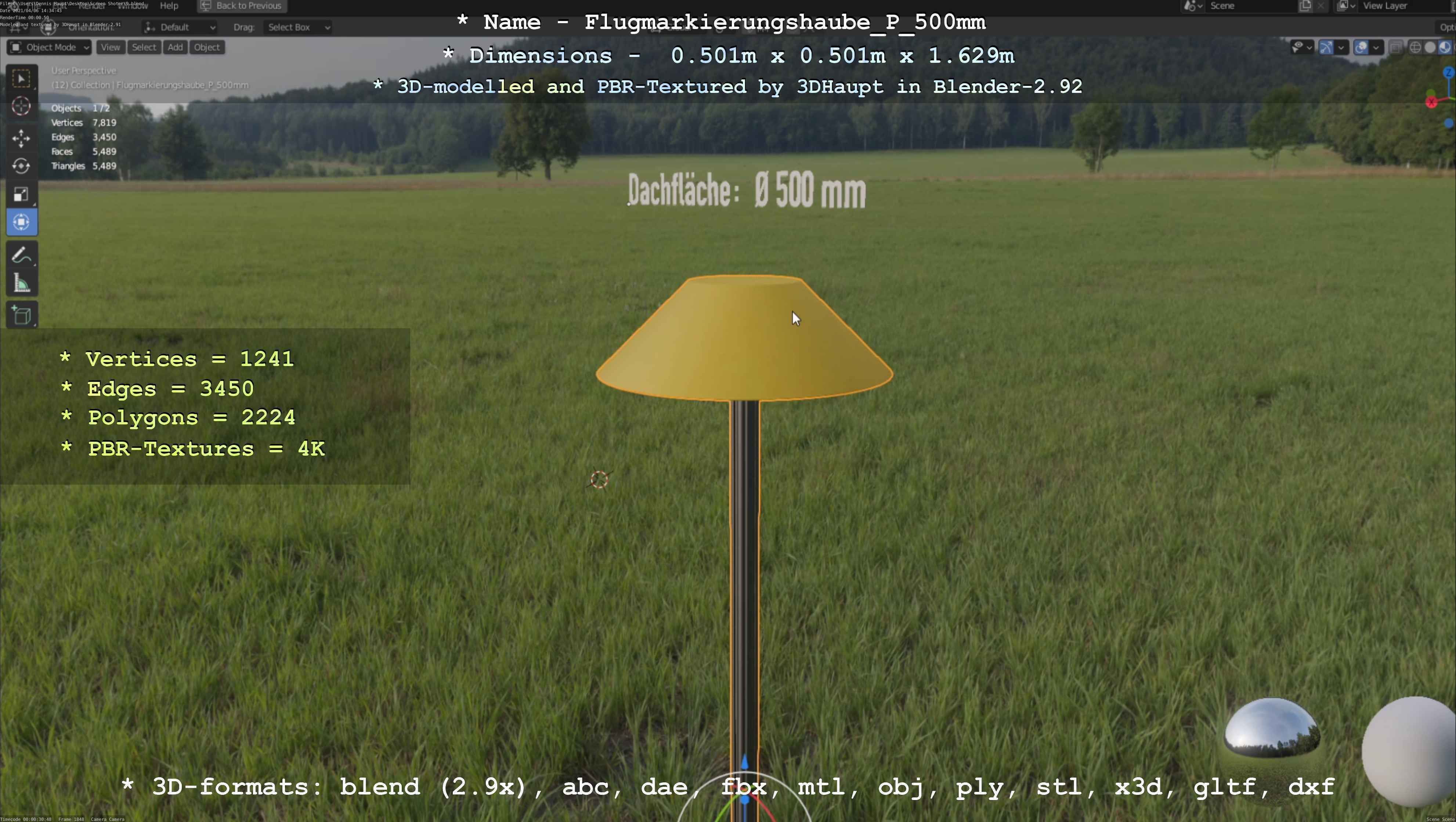 Flugmarkierungshaube mit Aluminiumpfosten 500mm Low-poly 3D model_92