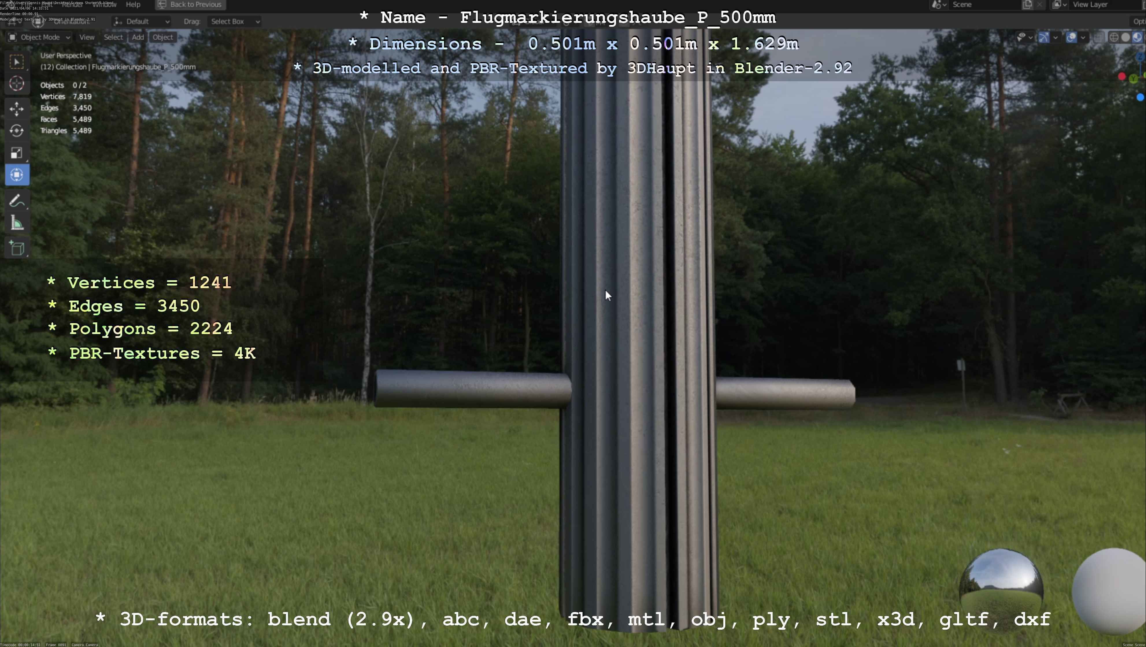 Flugmarkierungshaube mit Aluminiumpfosten 500mm Low-poly 3D model_48