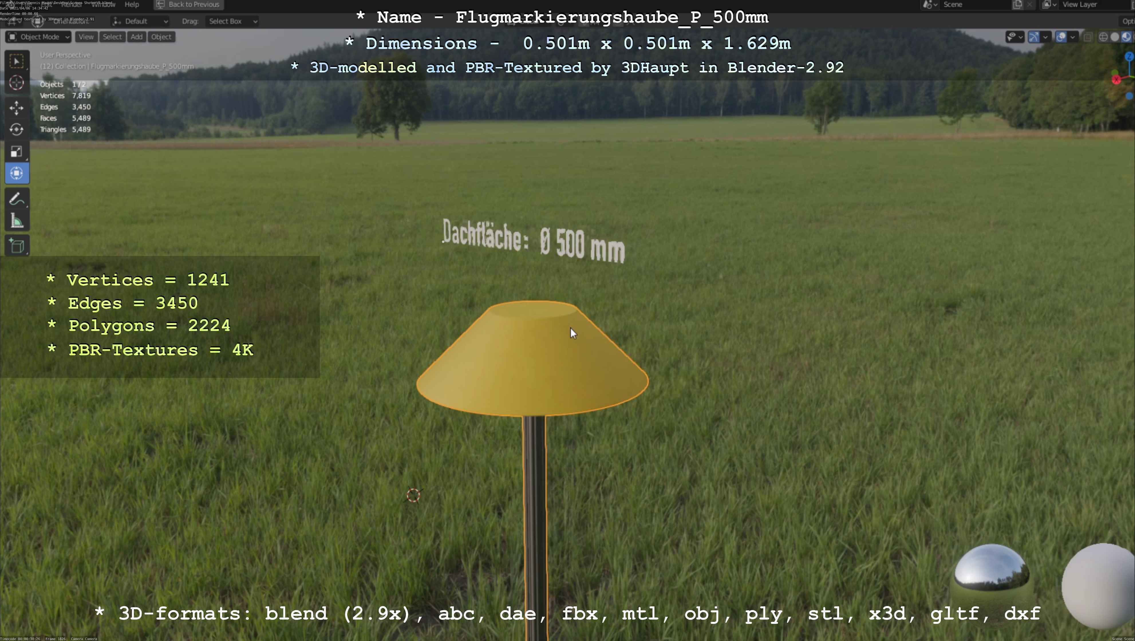 Flugmarkierungshaube mit Aluminiumpfosten 500mm Low-poly 3D model_94