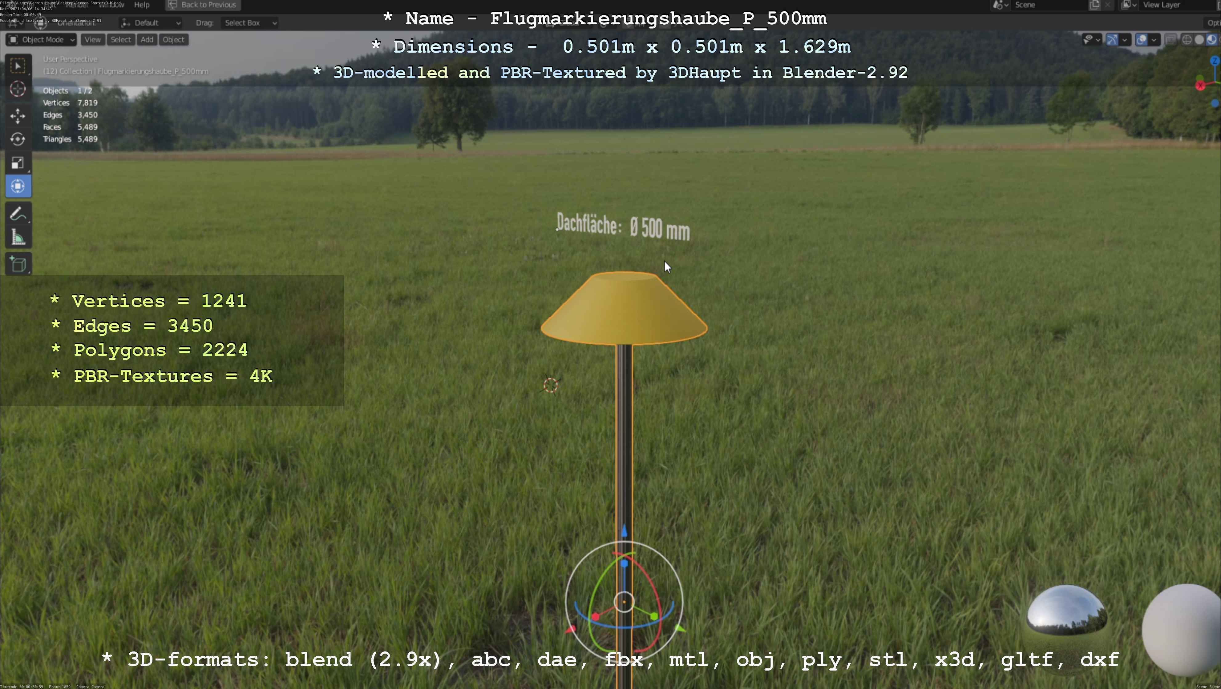 Flugmarkierungshaube mit Aluminiumpfosten 500mm Low-poly 3D model_97