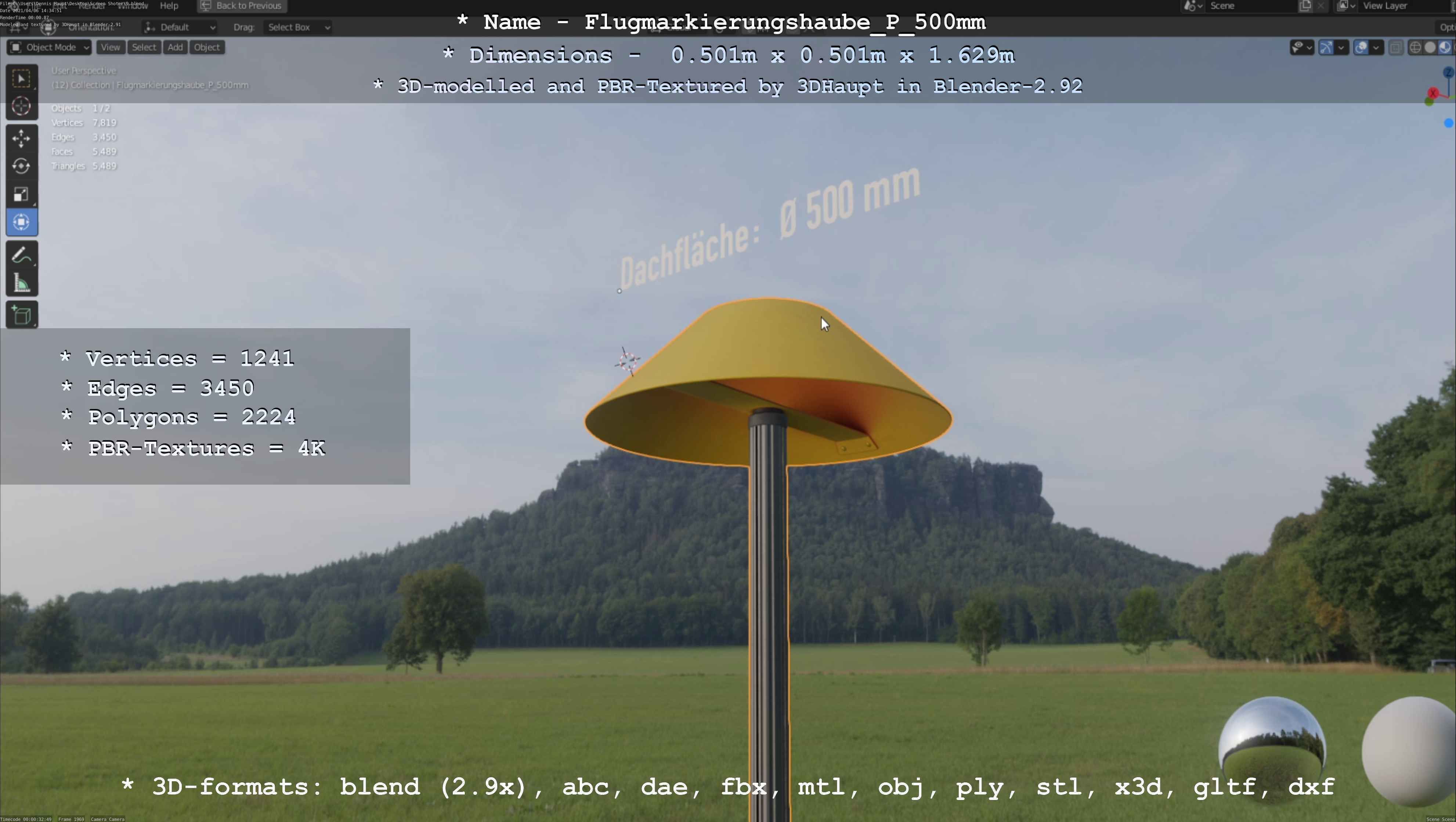 Flugmarkierungshaube mit Aluminiumpfosten 500mm Low-poly 3D model_18