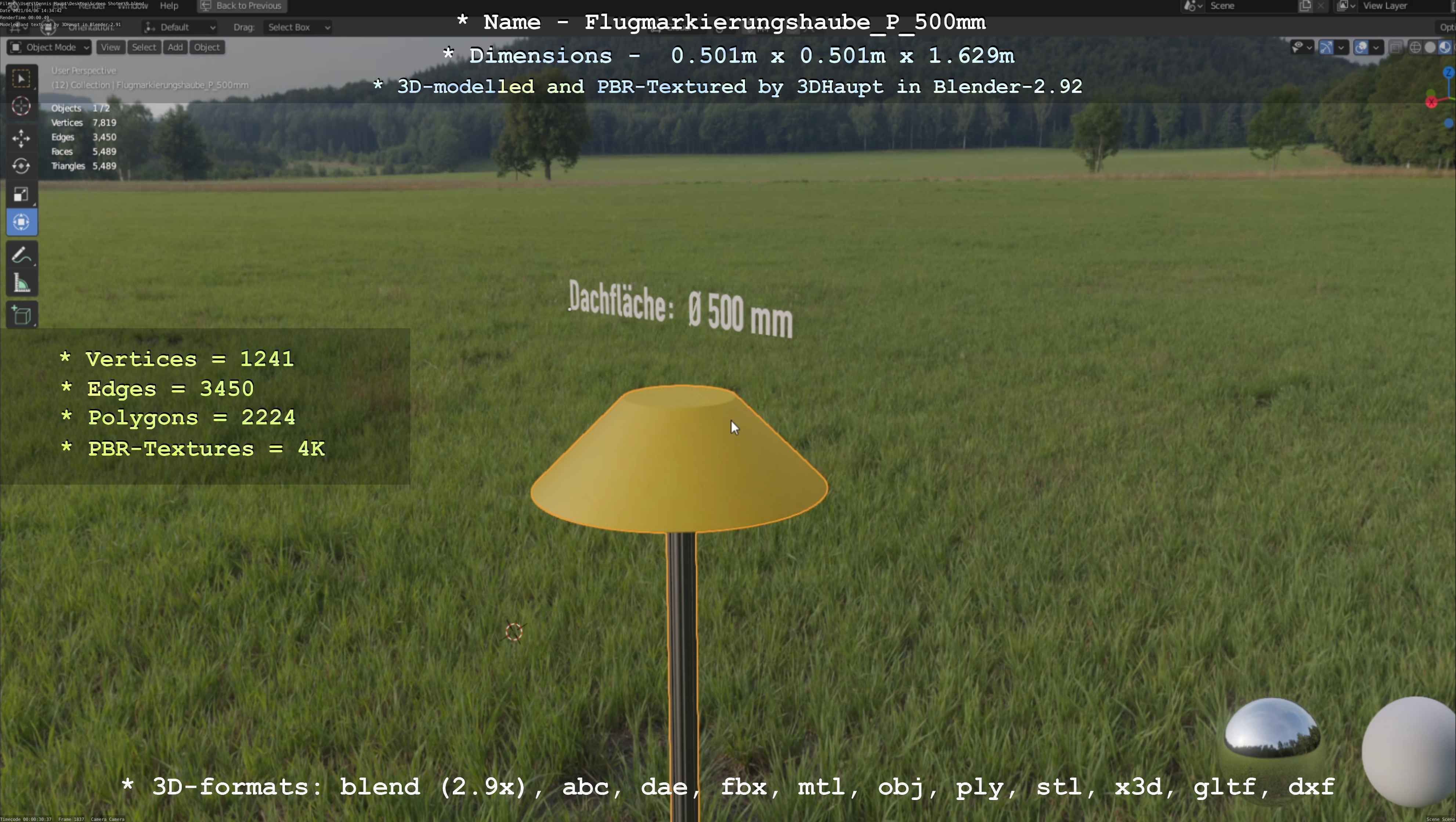 Flugmarkierungshaube mit Aluminiumpfosten 500mm Low-poly 3D model_17