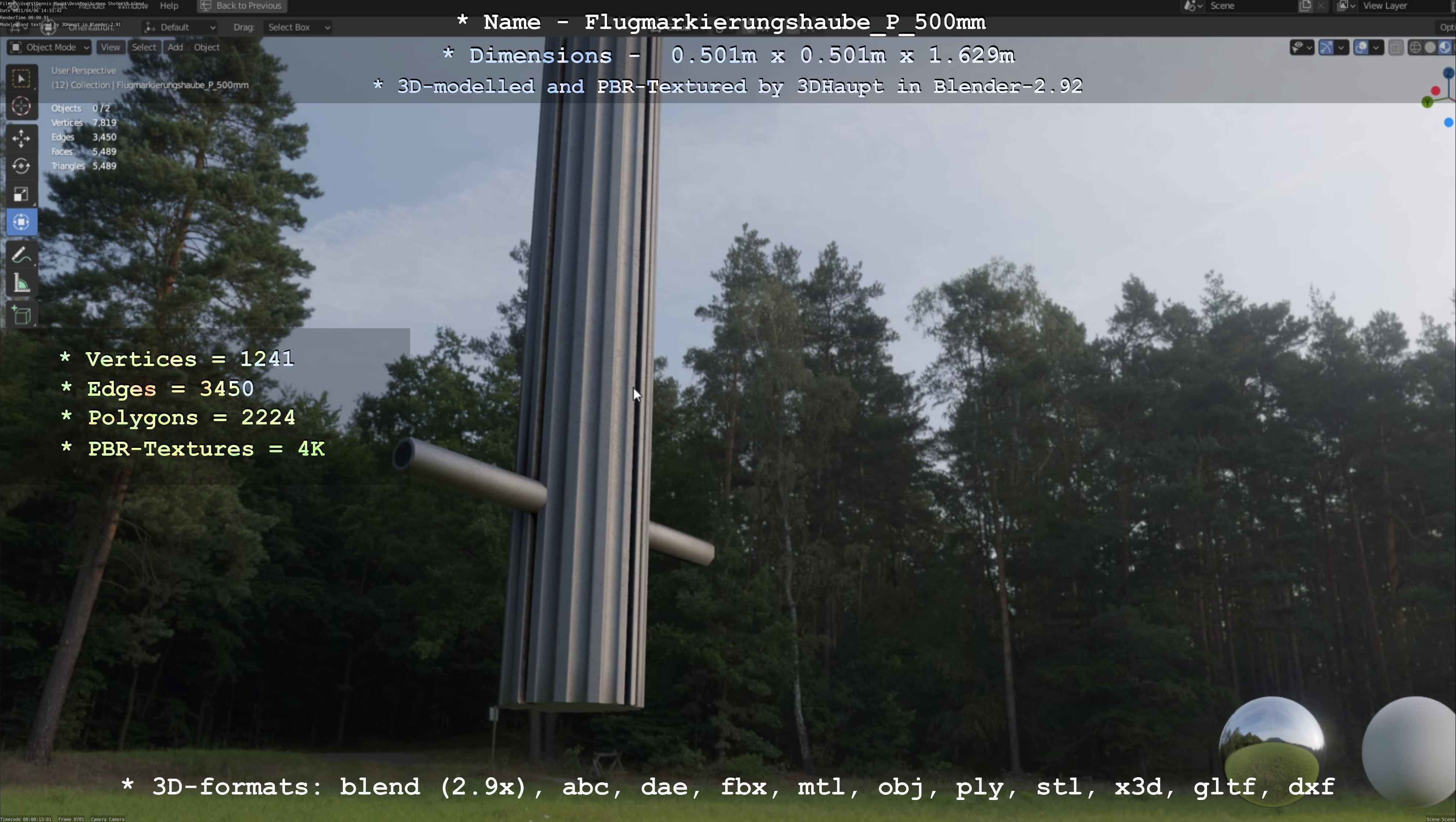 Flugmarkierungshaube mit Aluminiumpfosten 500mm Low-poly 3D model_50