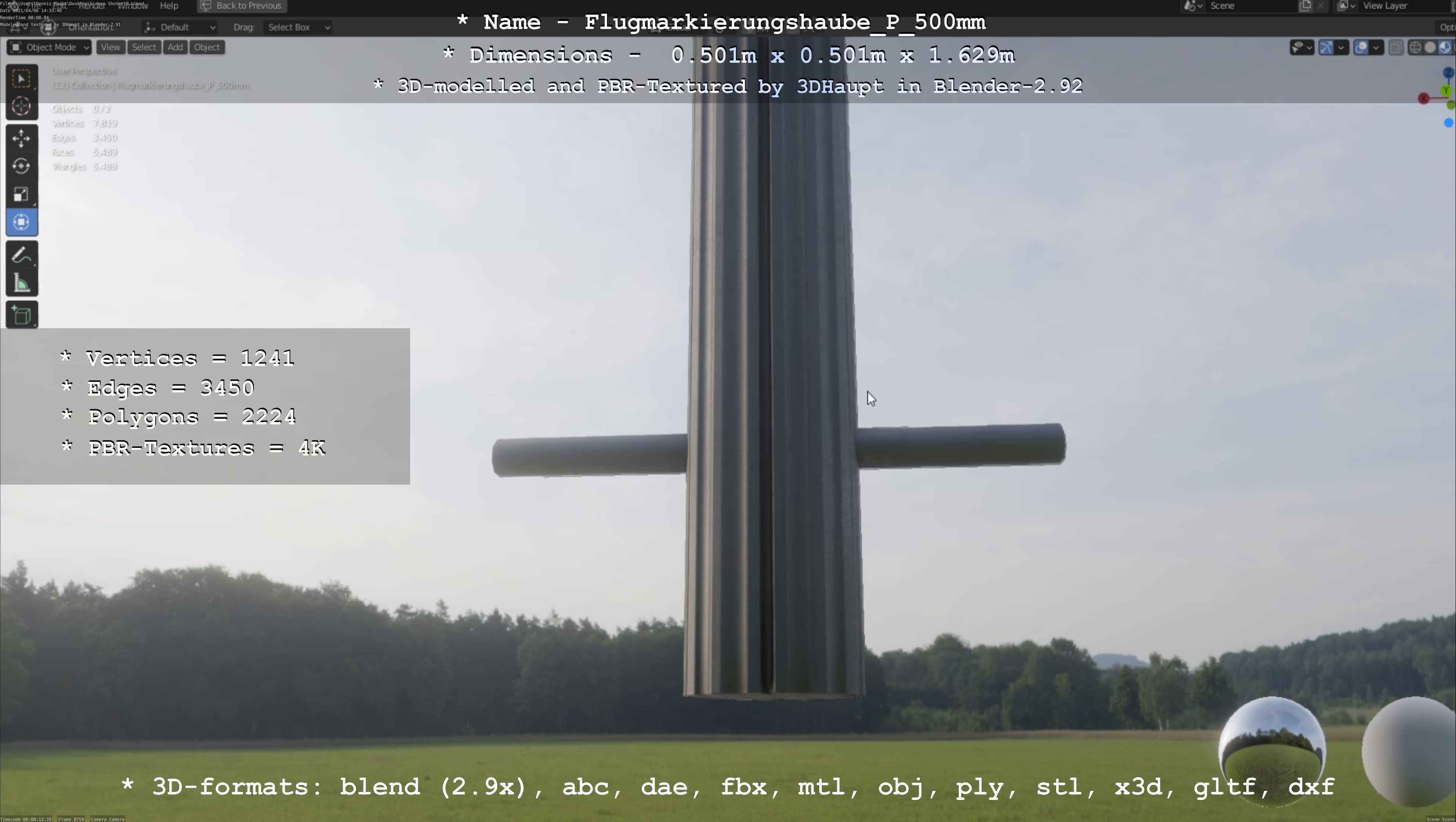 Flugmarkierungshaube mit Aluminiumpfosten 500mm Low-poly 3D model_45